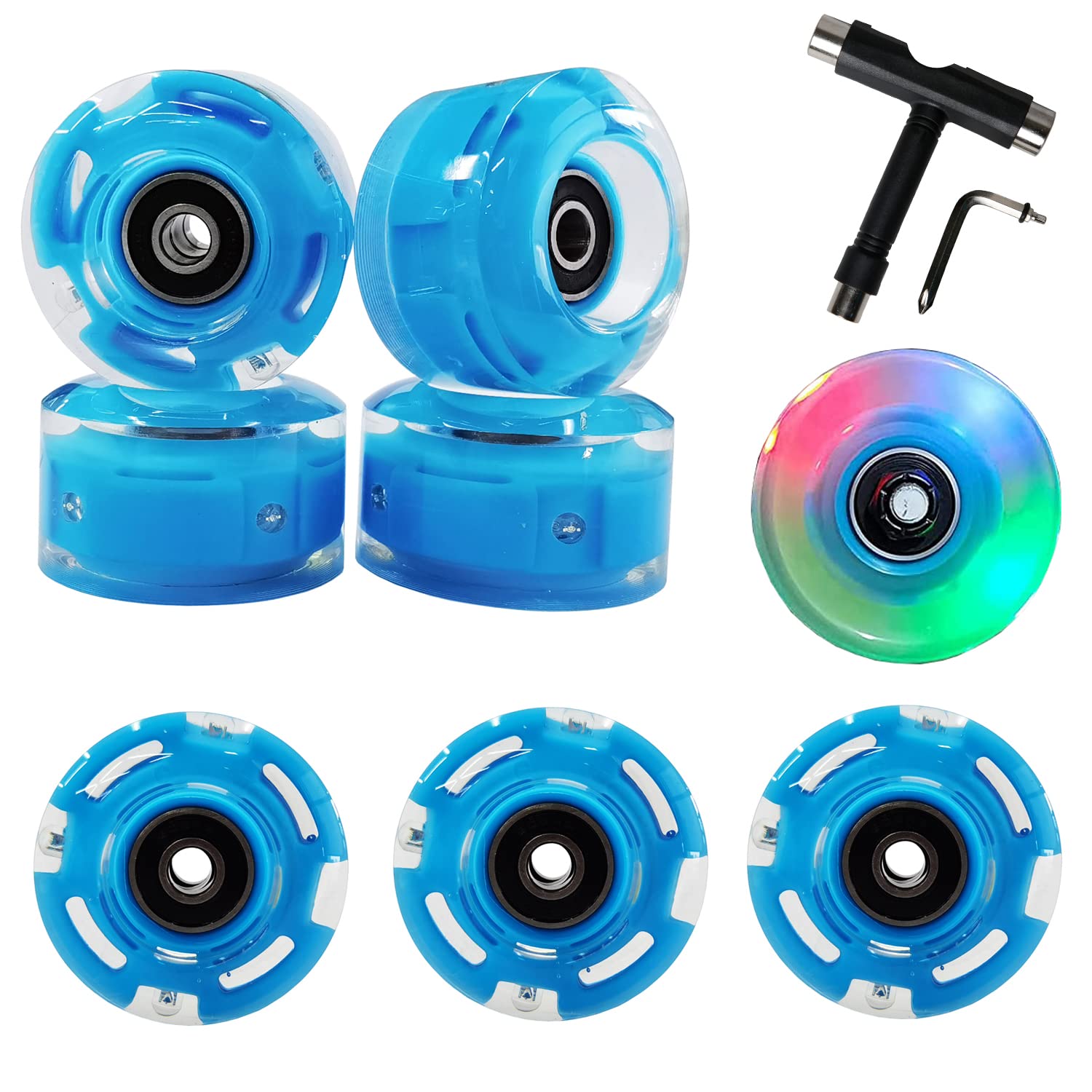 FREEDARE 54mm/58mm Roller Skate Wheels with Bearings - 83A Indoor Outdoor Luminous Light-Up Wheels for Double Row Skating & Skateboard (8 Pack) - Perfect for Night Skating, Rink, Park & Street Performance