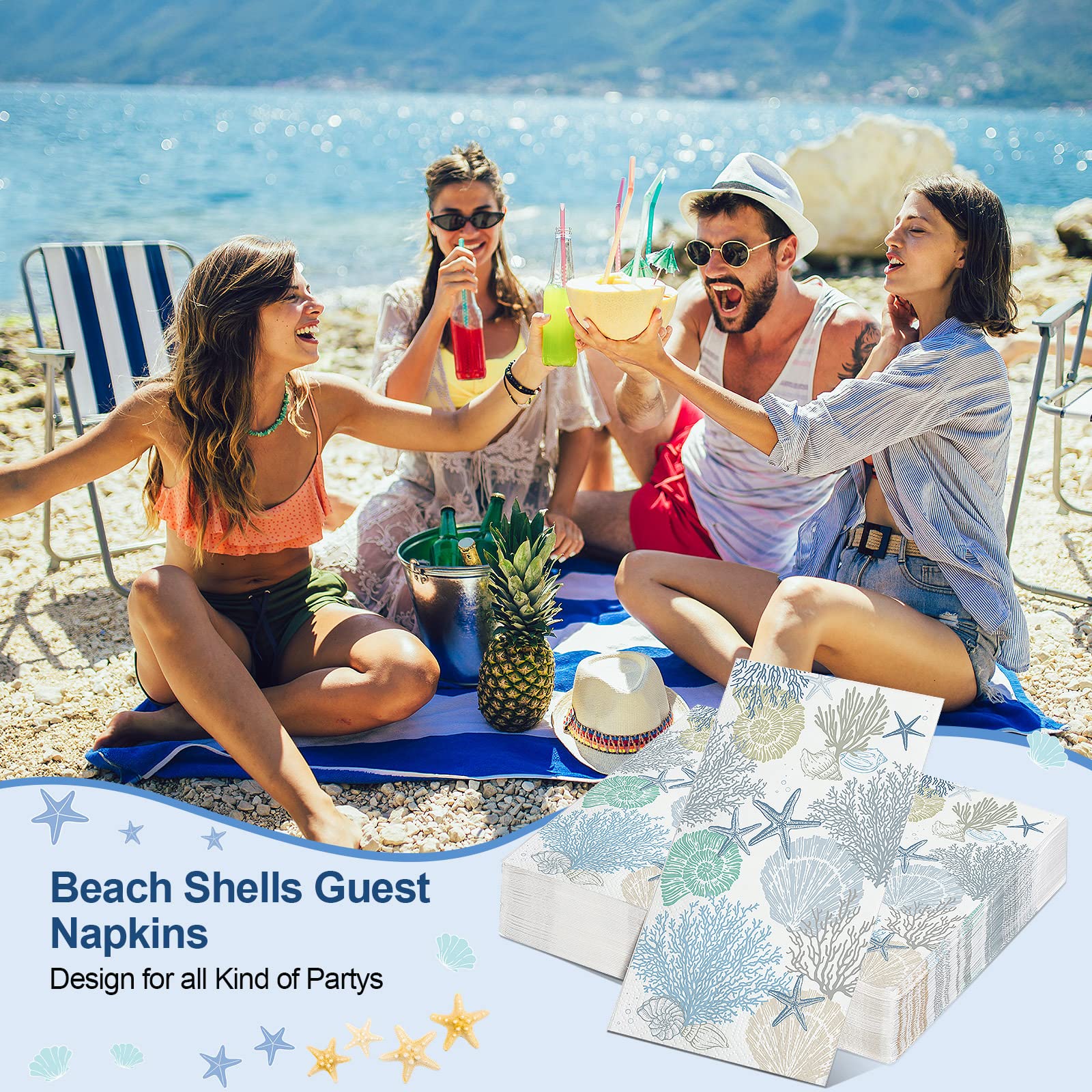 Funrous 200-Pack 3-Ply Seashell Napkins Bulk - Summer Ocean Beach Themed Paper Guest Towels, 7.9 x 4.3 Inches (Coral) - Perfect for Coastal Weddings, Nautical Parties & Bathroom Decor