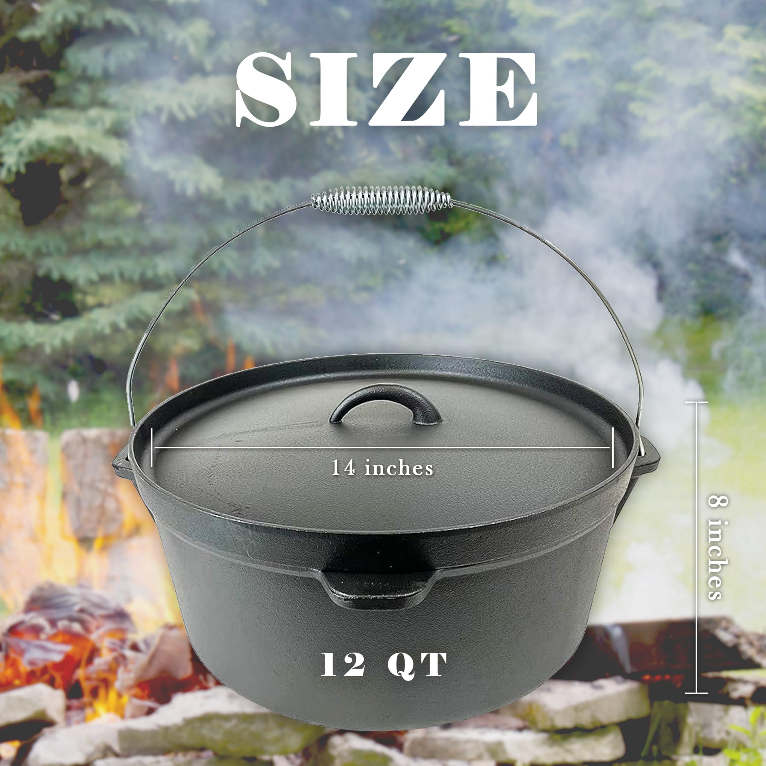Premium 12 Quart Cast Iron Dutch Oven with Tight-Fitting Lid - 14 Inch Diameter - Perfect for Braising, Stewing & Baking - Ideal for Camping, Outdoor Cooking & Family Meals