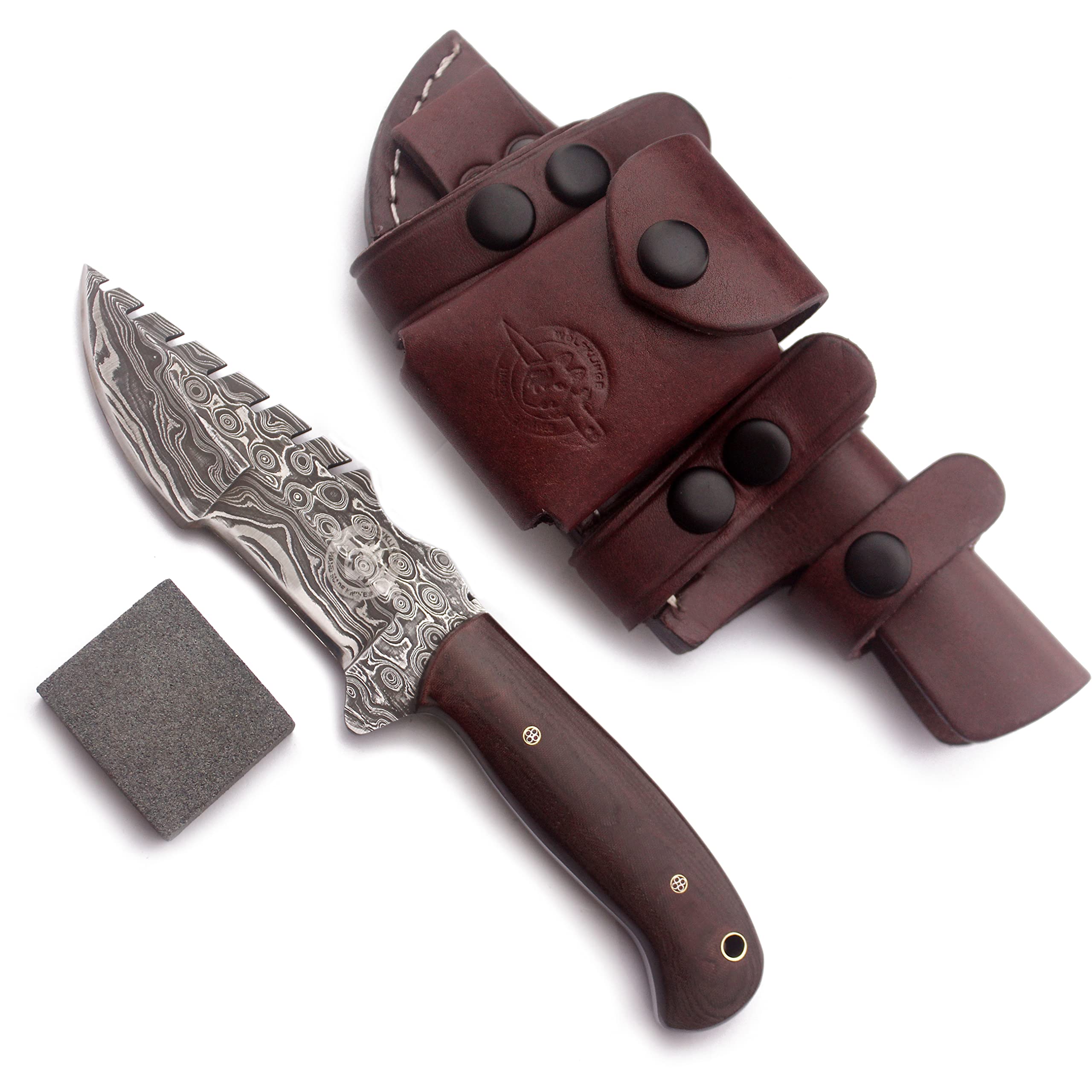 Premium Damascus Steel Tracker Knife - Handmade Fixed Blade Hunting Knife with G10 Handle & Cowhide Leather Sheath - Includes Sharpening Stone - Ideal for EDC, Hunting, Bushcraft, Camping (SAW BACK-38 BROWN)
