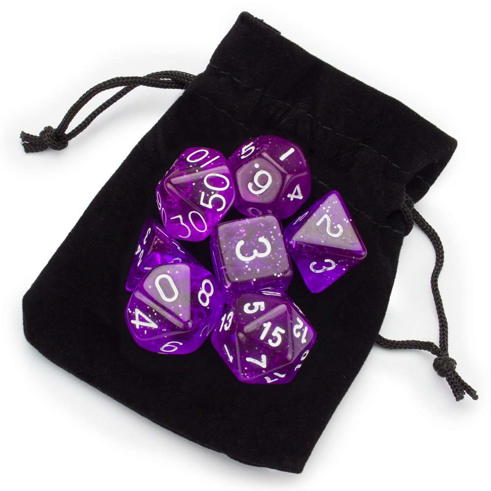 Wiz Dice 7-Piece Polyhedral Dice Set - Arcane Aura (Purple Glitter) with Velvet Pouch for Dungeons & Dragons, RPG Games, and Tabletop Adventures