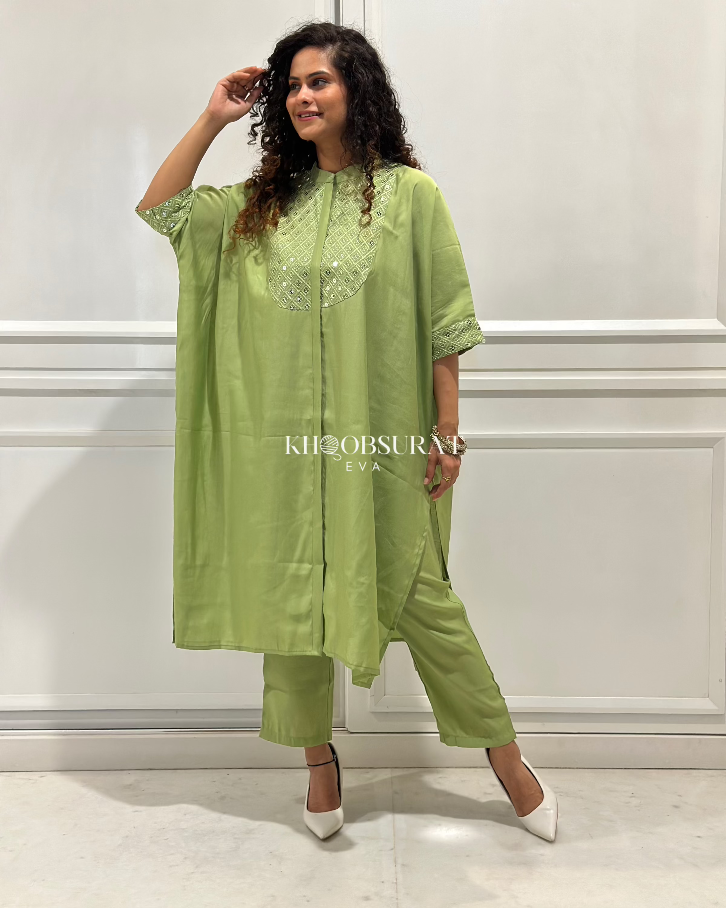 Stylish Indian Pistachio Green Kaftan Set for Women - Boho Chic Loungewear for Home, Beach & Summer Vacations