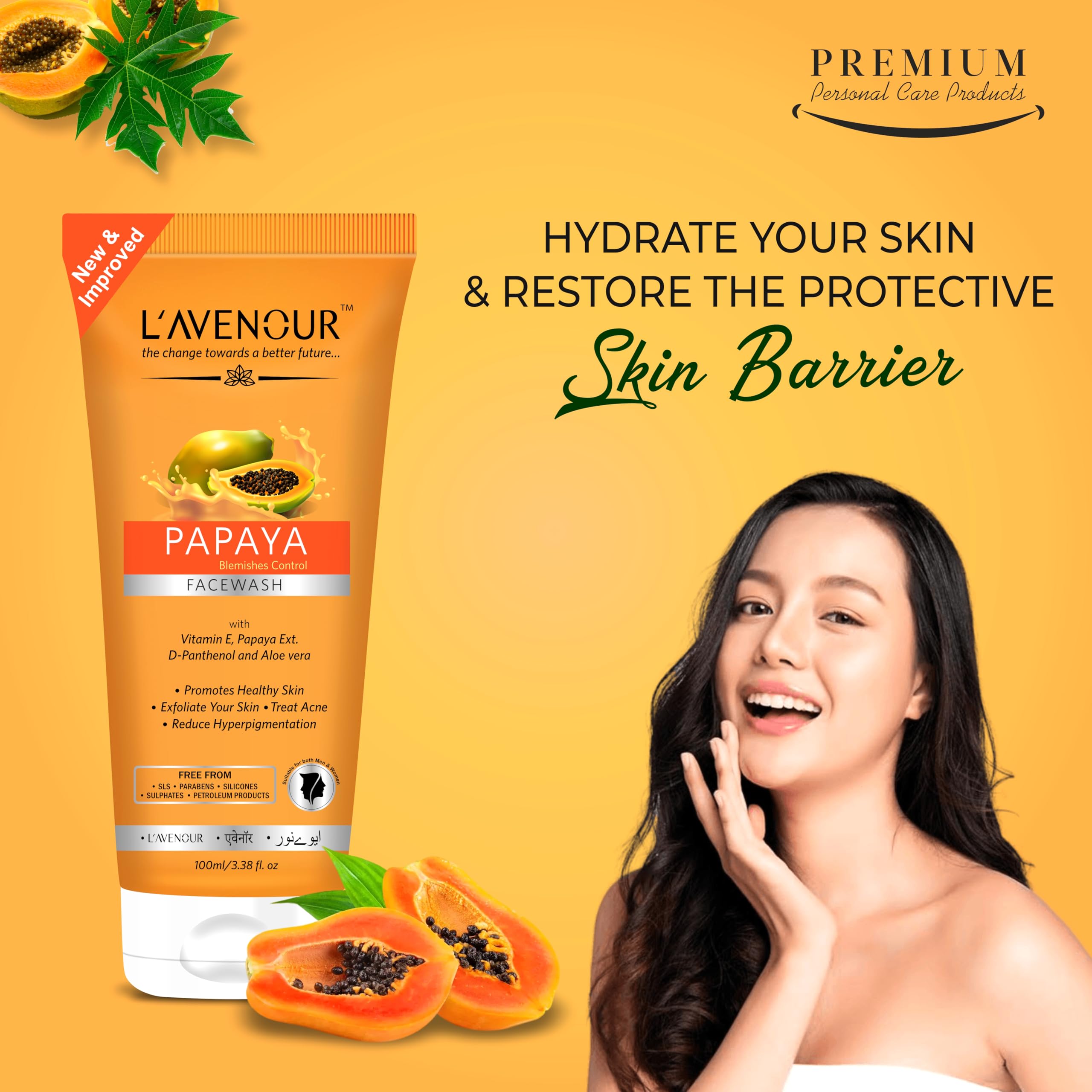 L'avenour Papaya Face Wash for Acne & Blemishes - Vitamin E, Papaya Extract & Aloe Vera Cleanser for Men & Women - Treats Pigmentation & Breakouts - 100ml (Pack of 2) - Perfect for Daily Skincare Routine & Sensitive Skin Care