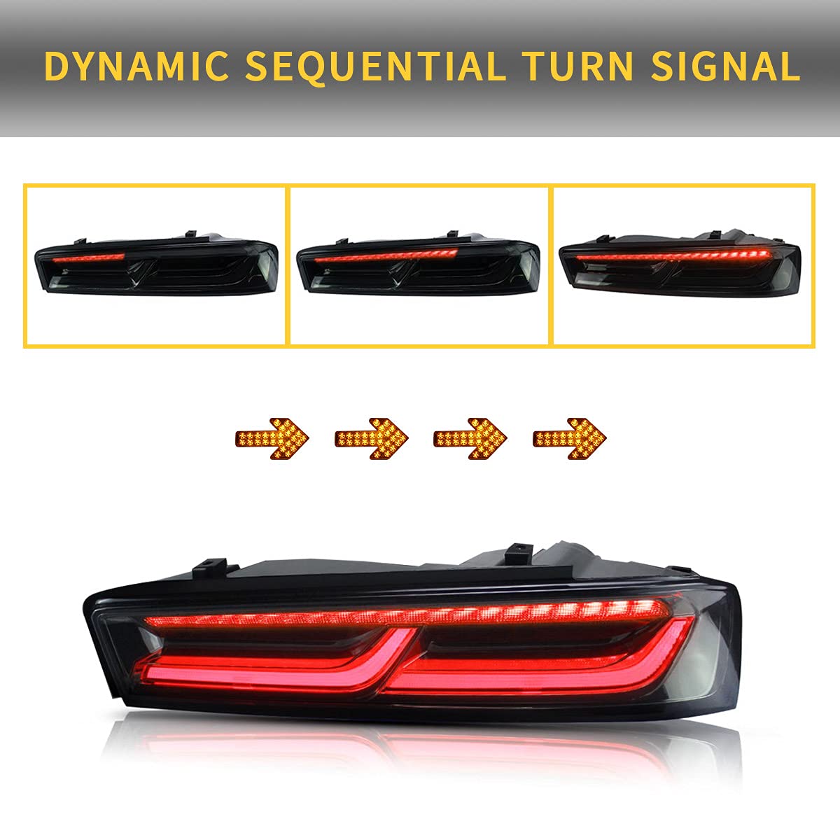 VLAND LED Smoked Tail Lights for Chevy Camaro 2016-2018 | Sequential Red Turn Signals & DRL | Rear Lamp Assembly | Upgrade Your Camaro's Style & Visibility for Night Driving & Car Shows