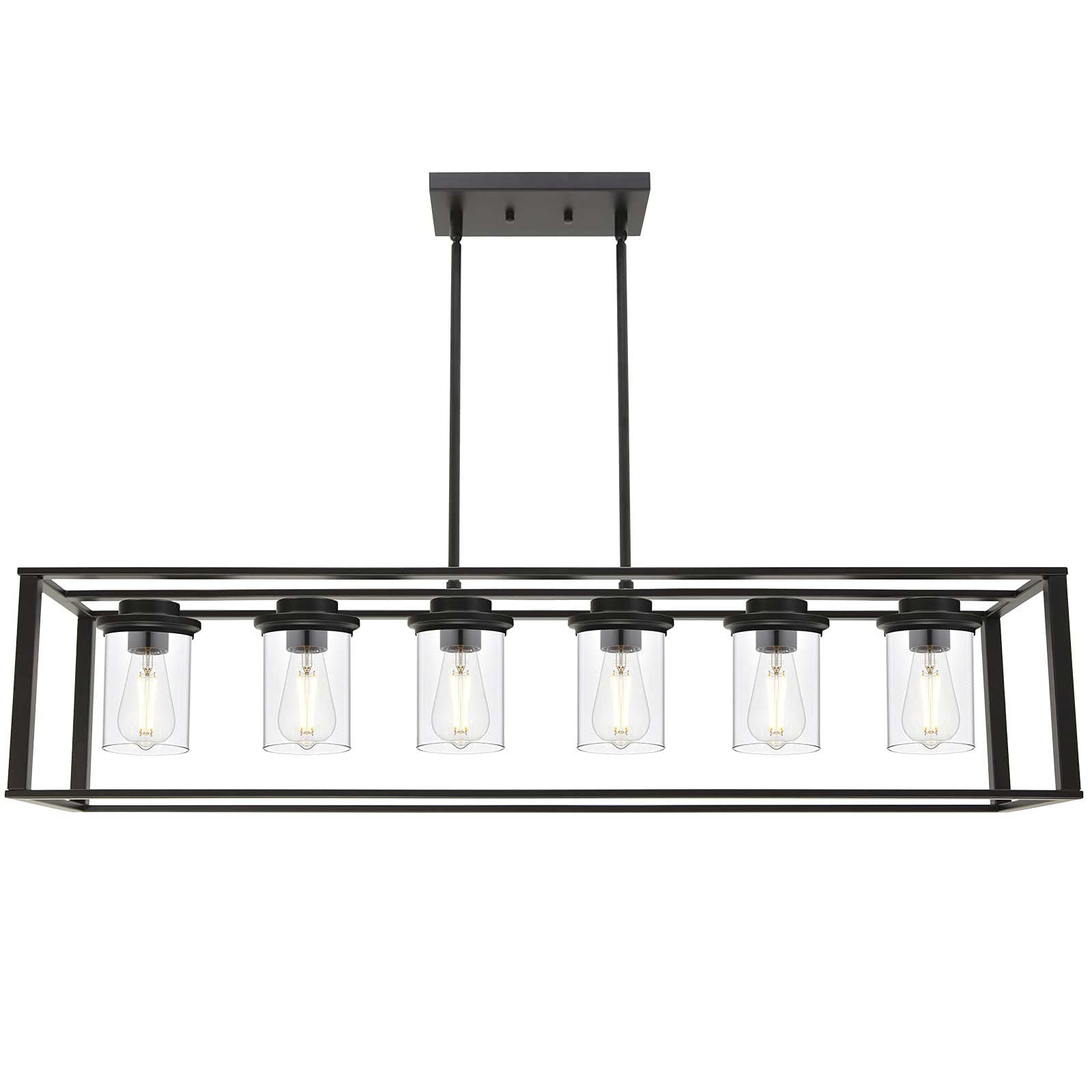 6-Light Linear Pendant Light Fixture with Clear Glass Shade - Farmhouse Black Frame Chandelier for Kitchen Island, Dining Room - Perfect for Modern Farmhouse, Rustic & Industrial Home Decor
