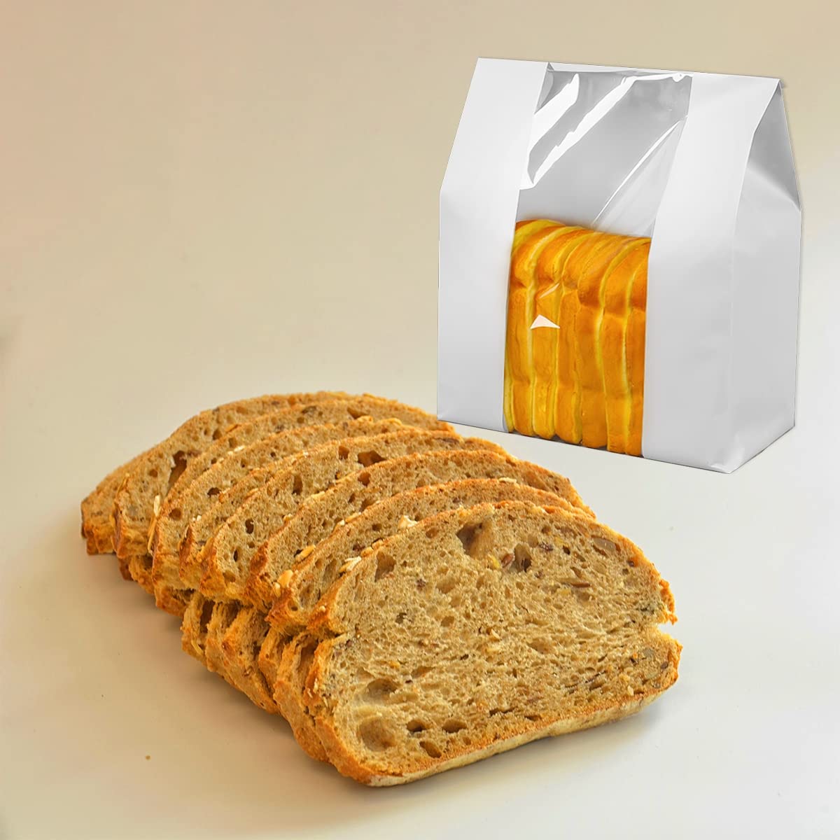 50 PCS Large Kraft Paper Bread Bags with Window & Seal Stickers - 13 x 8.3 x 4 Inch White Bakery Bags for Homemade Bread, Cookies, Treats | Perfect for Bakery Storage, Gift Packaging & Farmer's Market Sales