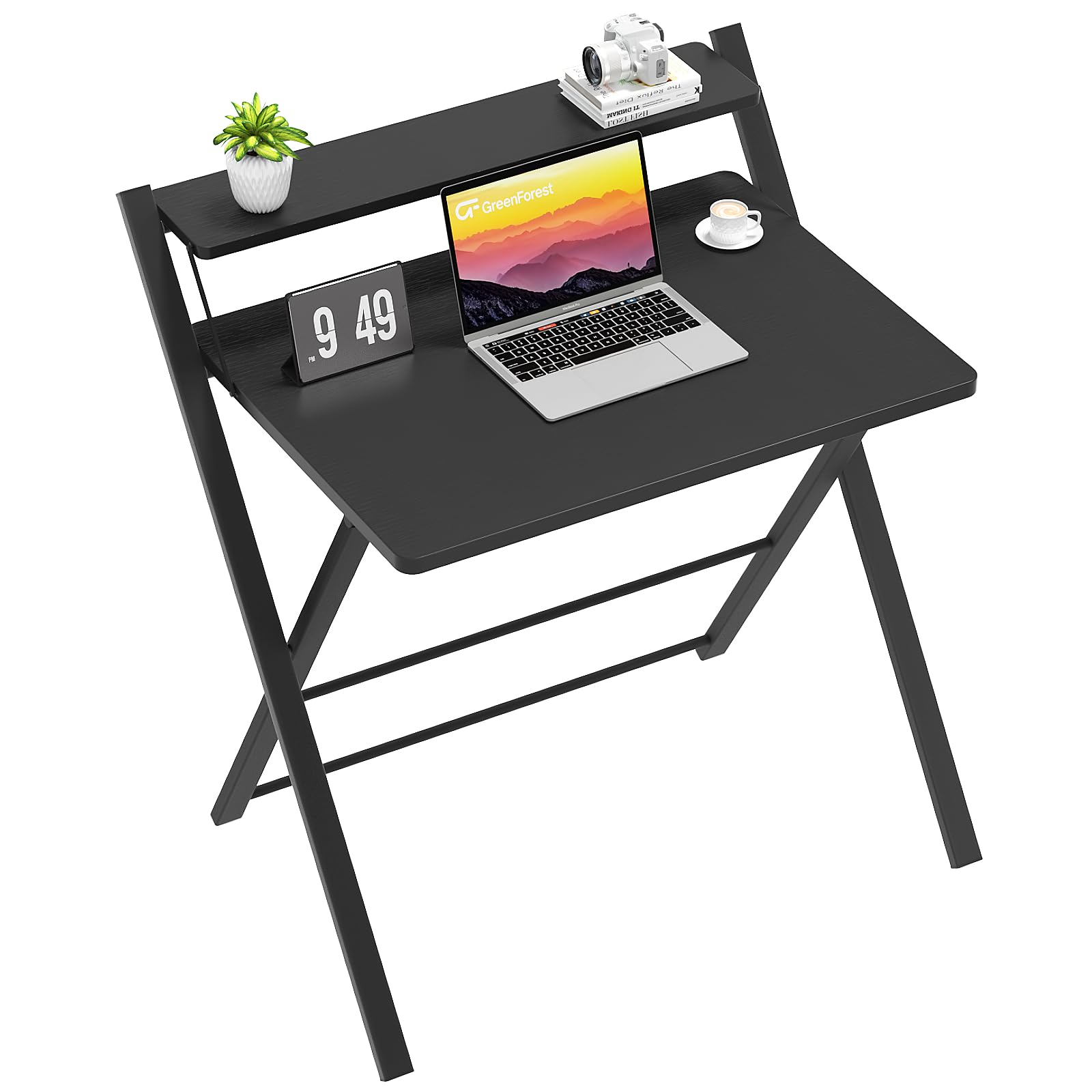 GreenForest Folding Desk - No Assembly Required 2-Tier Computer Desk with Shelf | Space Saving Portable Laptop Table for Home Office & Small Spaces | Perfect for Remote Work, Dorm Rooms & Studio Apartments (Black)