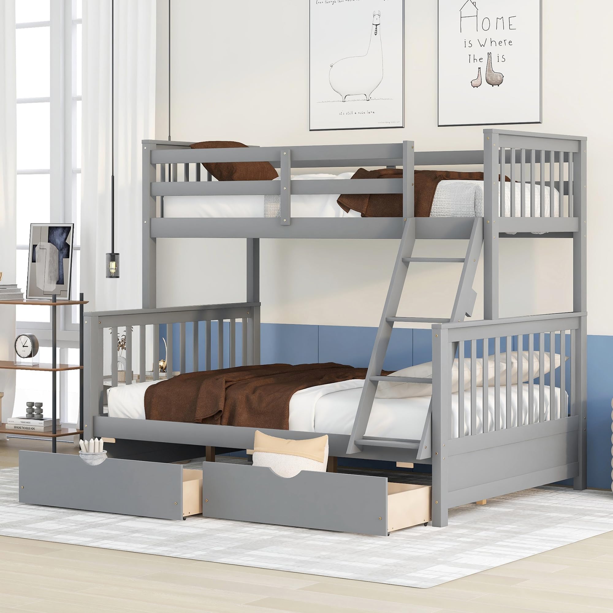 P PURLOVE Twin Over Full Bunk Bed with 2 Storage Drawers, Sturdy Wood Bunk Bed Frame with Ladder, No Box Spring Needed, Space-Saving Gray Bunk Bed - Perfect for Kids' Bedrooms, Guest Rooms & Small Spaces
