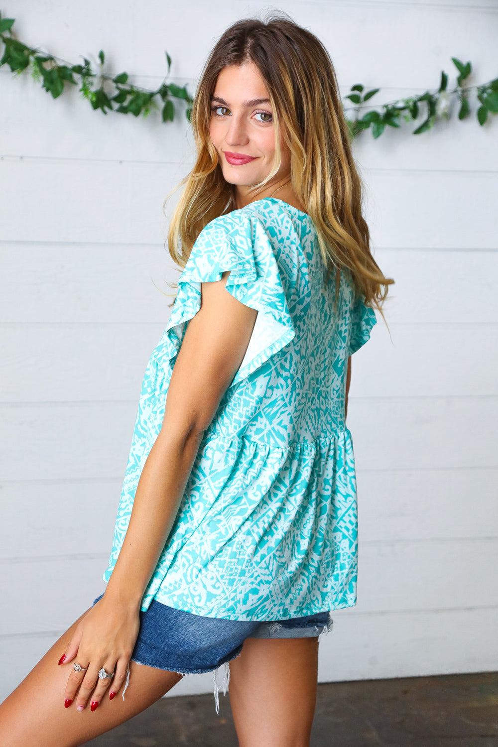 Aqua Blue Boho Print Ruffle Short Sleeve Babydoll Top - Flowy Summer Blouse for Beach, Music Festivals & Casual Outings