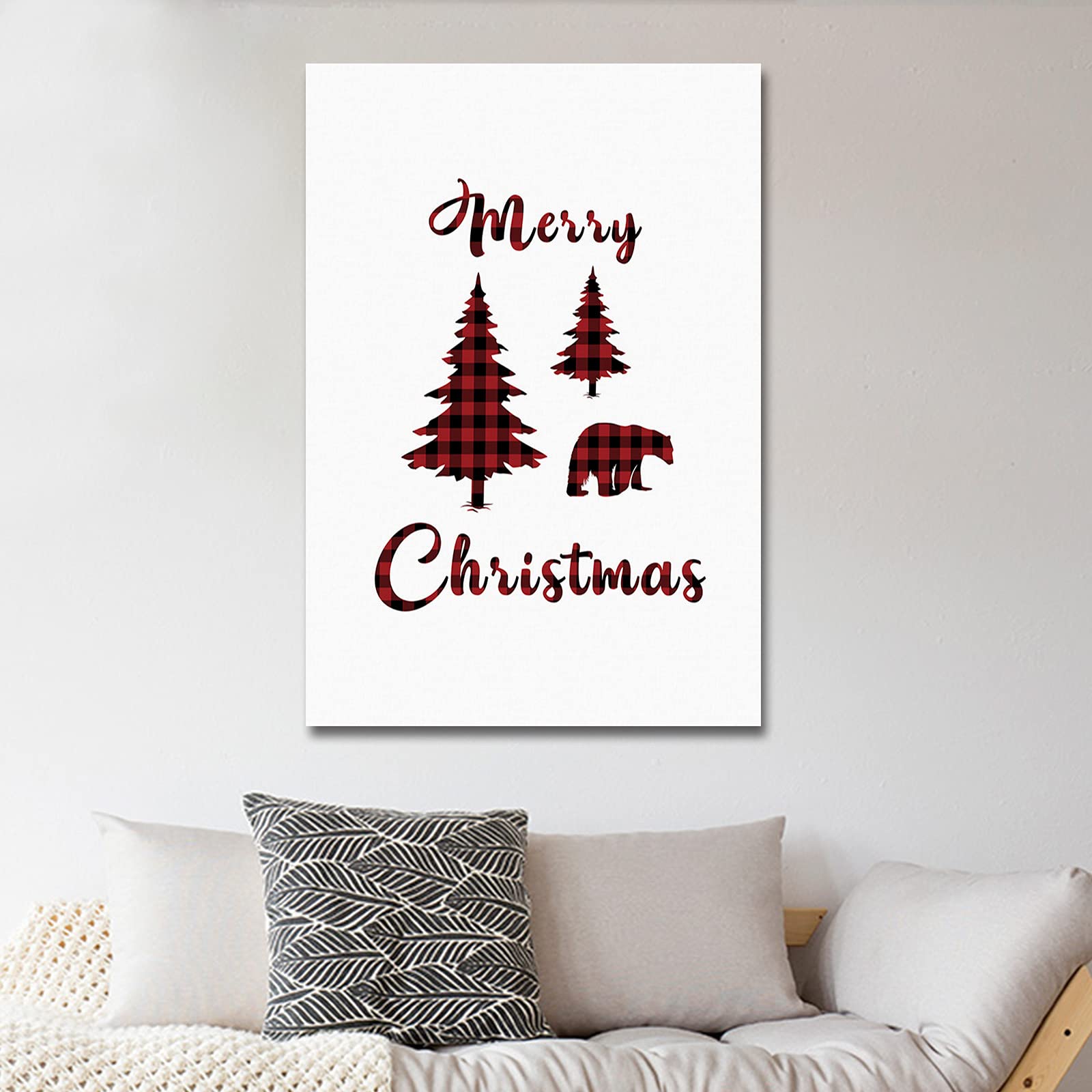 Merry Christmas Tree Bear Buffalo Plaid Wall Art - Red & Black Framed Abstract Canvas Painting Print - Ready to Hang Home Decor for Bedroom, Bathroom, Kitchen - Perfect Holiday Gift (12x18 Inches) - Ideal for Festive Home Decor, Holiday Parties & Cozy Winter Ambiance