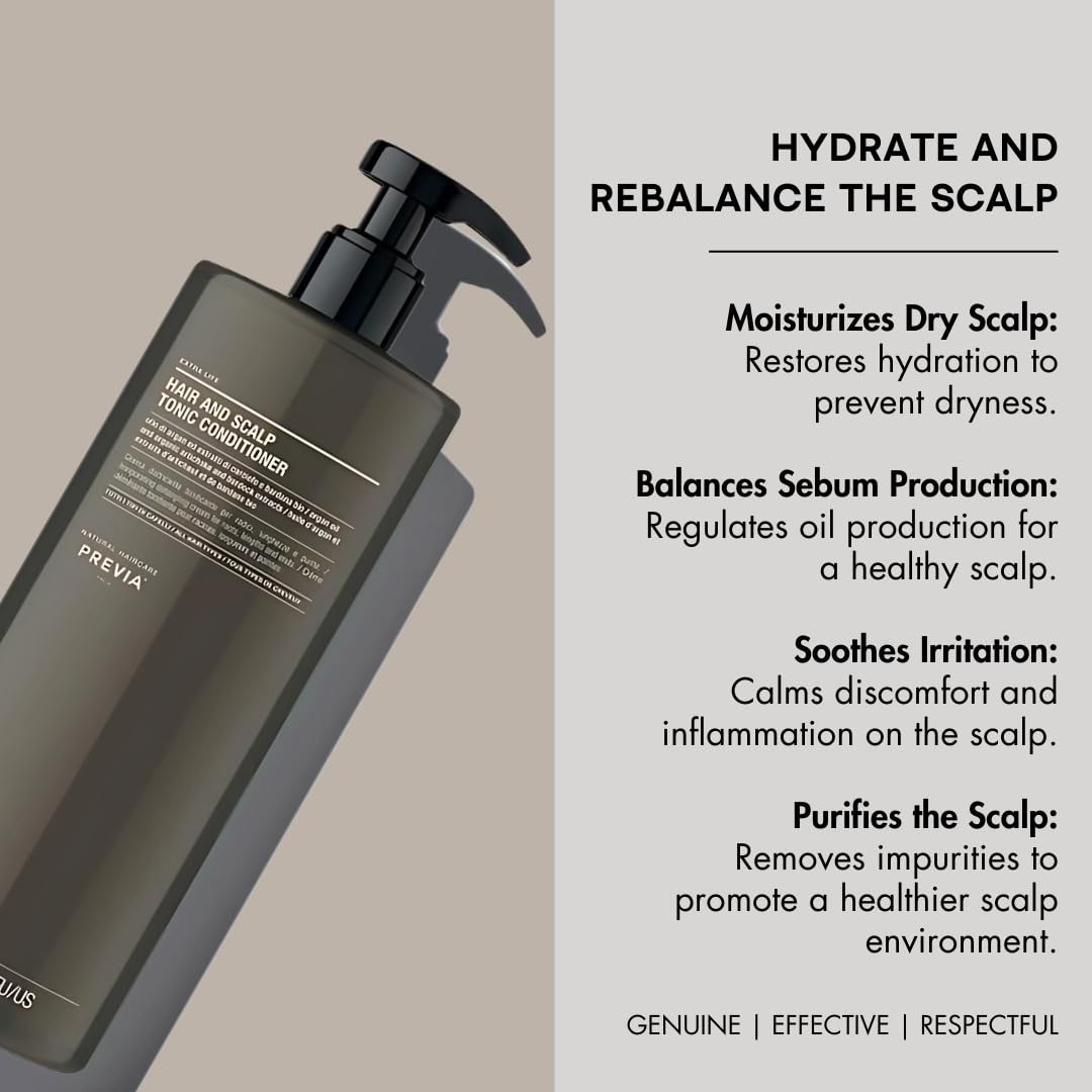 PREVIA Hair & Scalp Tonic Conditioner - Hydrating & Rebalancing Treatment with Argan Oil | Vegan, Cruelty-Free & Sulfate-Free Hair Care | 32.1 oz Bottle for Dry, Damaged Hair | Perfect for Daily Scalp Nourishment & Hair Repair