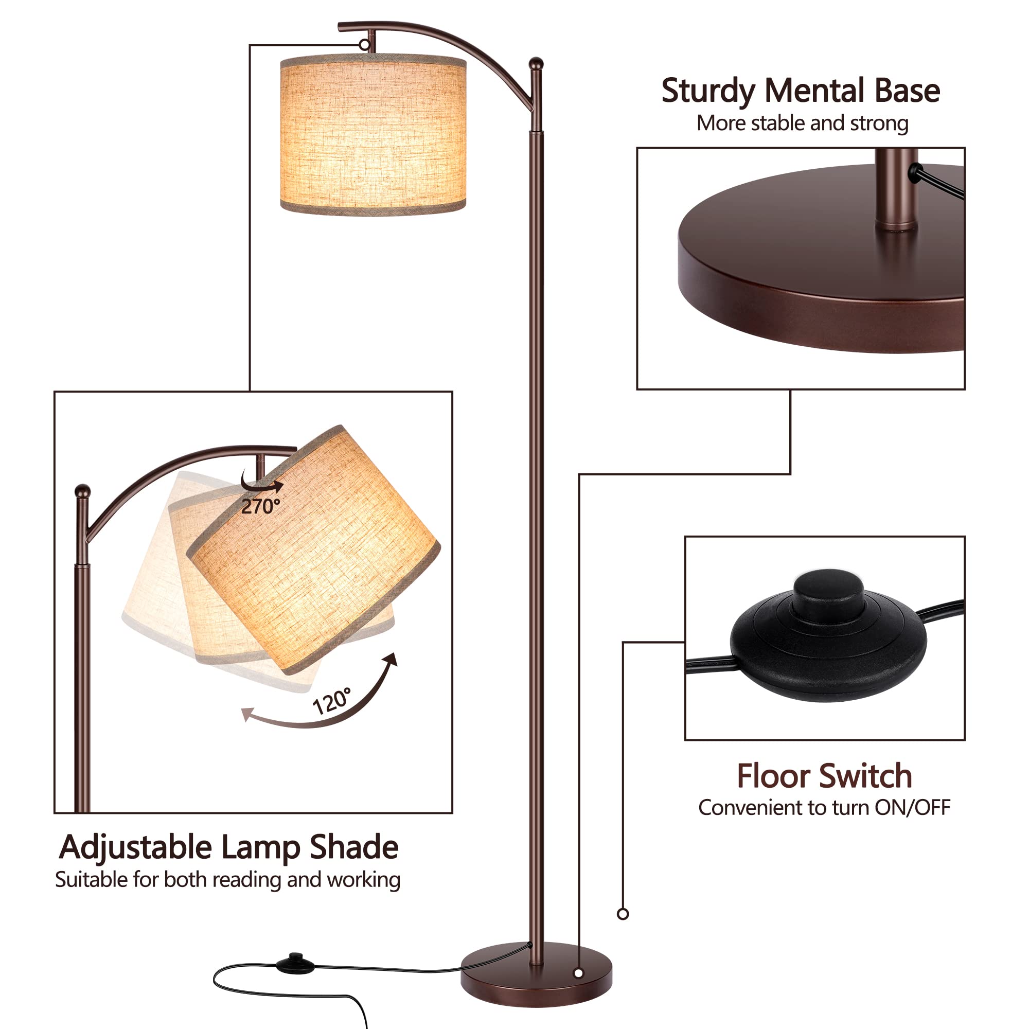 Rottogoon Industrial Floor Lamp - 9W LED Standing Lamp with Beige Lampshade, Oil-Rubbed Bronze Finish for Living Room, Bedroom, Office - Perfect for Reading, Working & Modern Home Decor