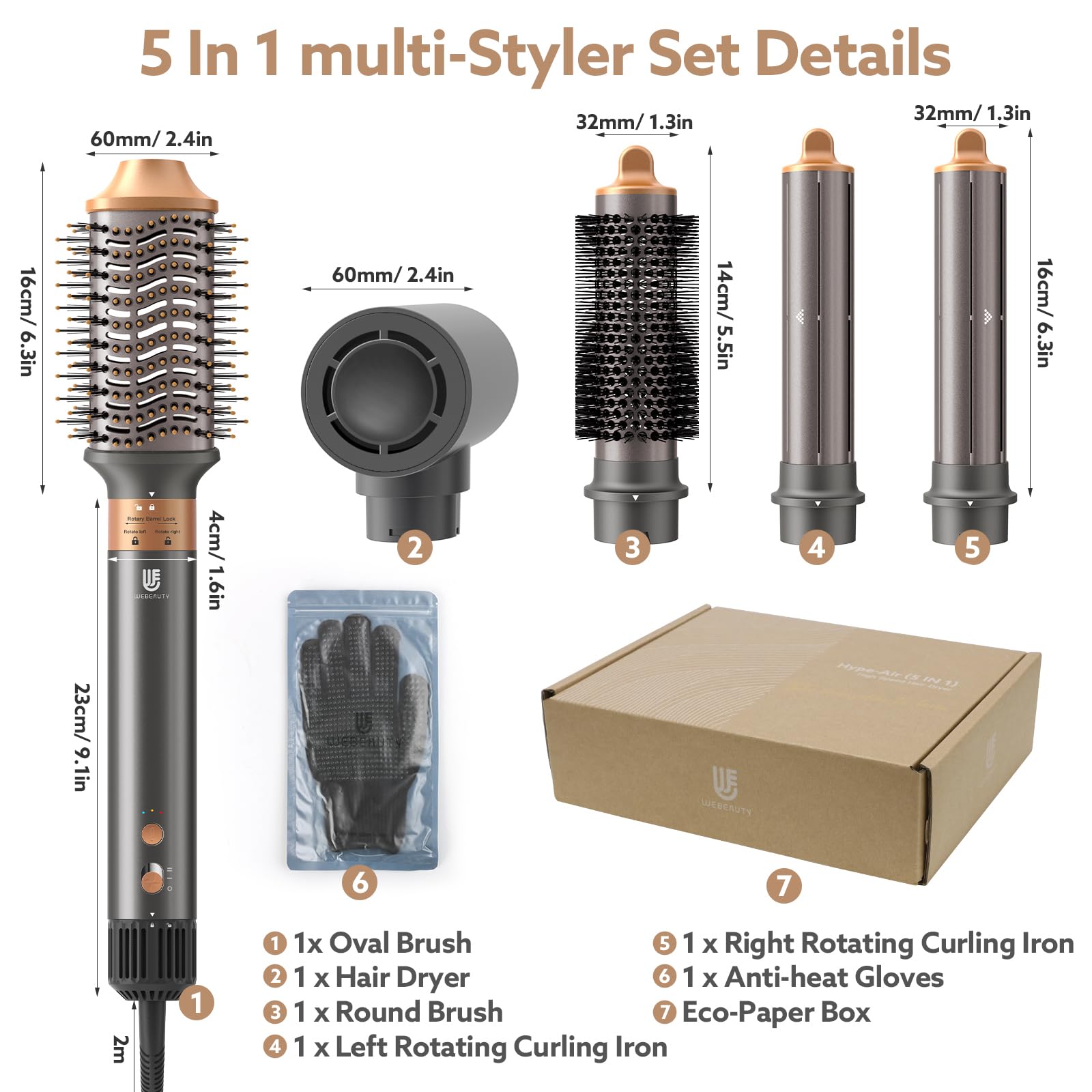 Webeauty 5-in-1 Professional Hair Dryer Brush - Ionic Hot Air Styling Tool with Fast Drying, Volumizing & Straightening | 2-in-1 Blow Dryer & Curling Iron for Salon-Quality Styling at Home (Grey Gold) - Perfect for Daily Hair Care, Travel & Salon Styling