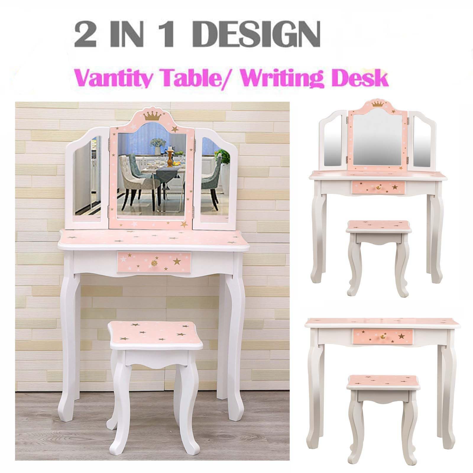 Memoryfield Kids Vanity Set - Wooden Princess Makeup Dressing Table with Mirror, Stool & Drawer | 2-in-1 Toddler Vanity Desk for Girls | Pretend Play, Birthday Gift & Bedroom Decor (Pink/White) - Perfect for Playrooms, Birthday Parties & Imaginative Play
