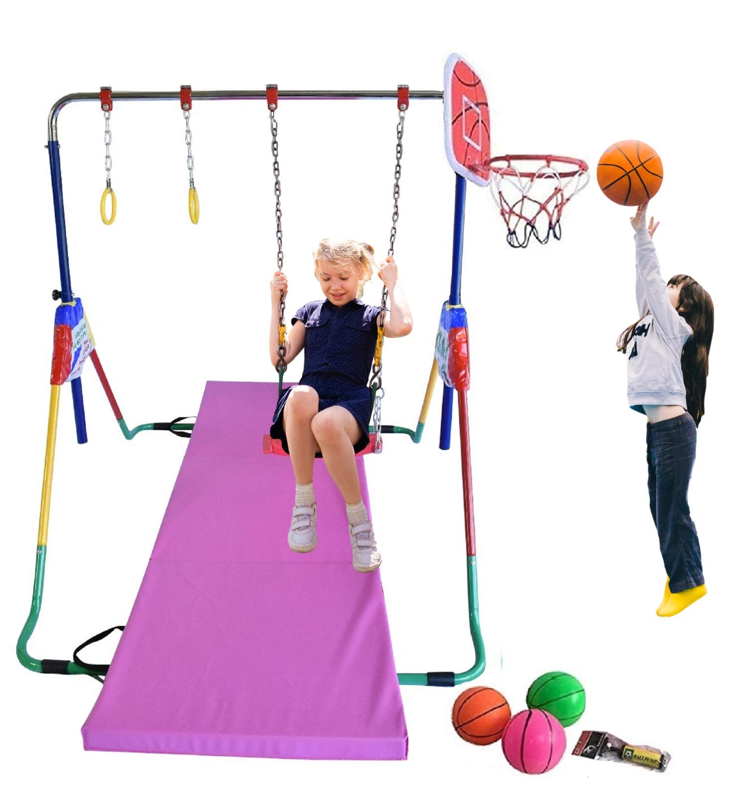 Adjustable 5-in-1 Gymnastics Bar for Kids - Foldable Horizontal Kip Bar with Tumbling Mat, Swing Seat, Trapeze Rings & Basketball Hoop - Home Training Equipment for Junior Gymnasts - Perfect for Indoor Playrooms, Backyard Fun & Preschool Exercise