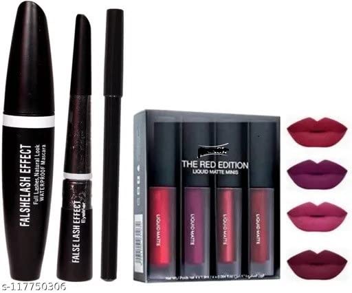 Seyblush Beauty Professional Waterproof Eyeliner, Mascara, Eyebrow Pencil & Liquid Matte Lipstick Set - 4 Piece Makeup Kit with 8 False Eyelashes | Perfect for Party, Wedding & Everyday Glam Looks