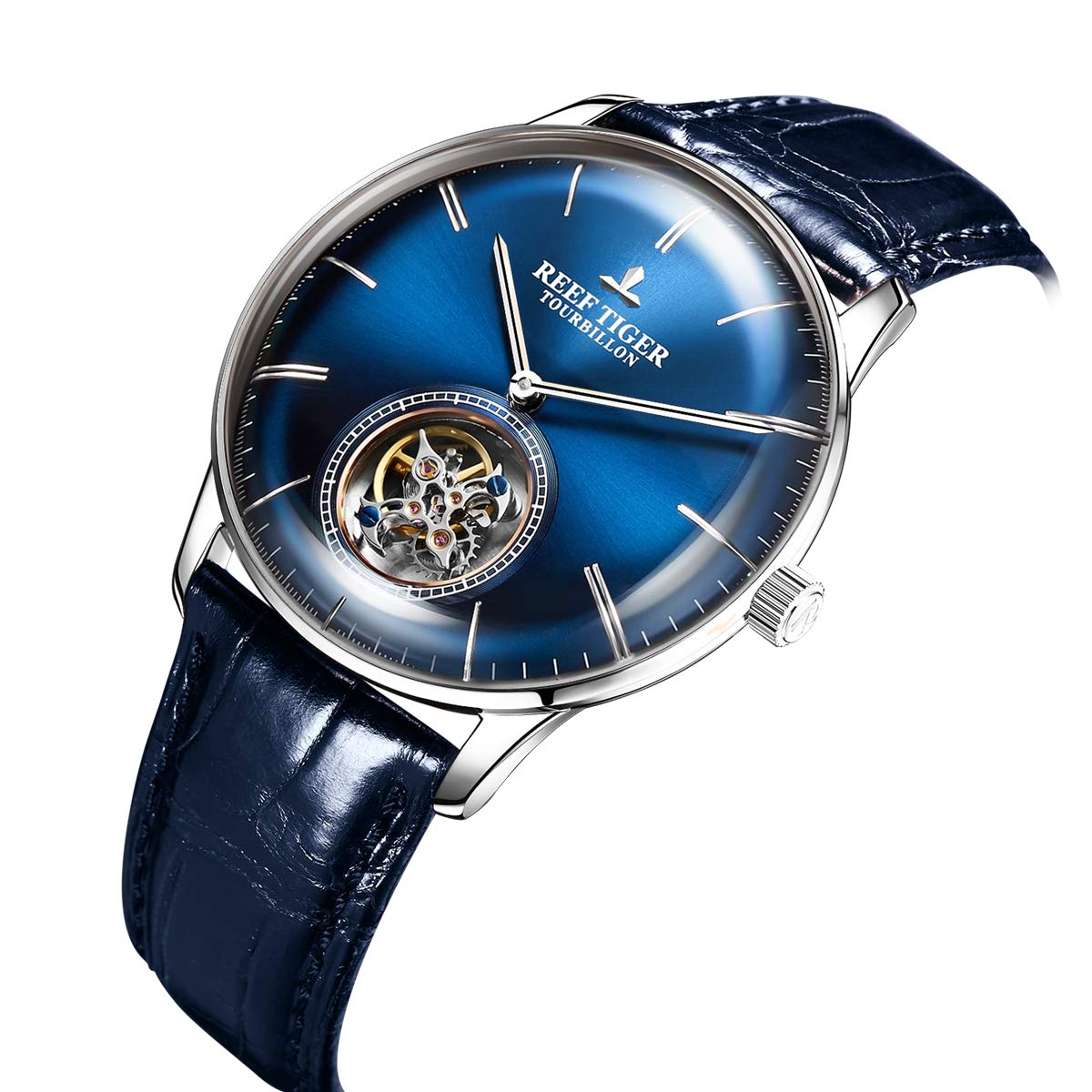 REEF TIGER Blue Tourbillon Automatic Mechanical Watch for Men - Luxury Leather Strap Dress Watch with Sapphire Crystal - Perfect for Business, Formal Events & Gift Giving (Model RGA1930)