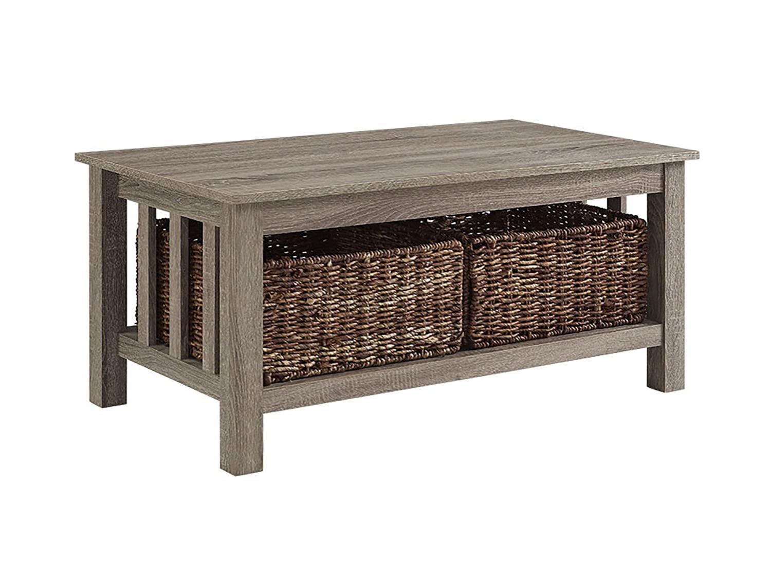 Walker Edison Alayna 40-Inch Mission Style Two-Tier Coffee Table with Rattan Storage Baskets - Driftwood Finish | Perfect for Living Room, Lounge & Farmhouse Decor