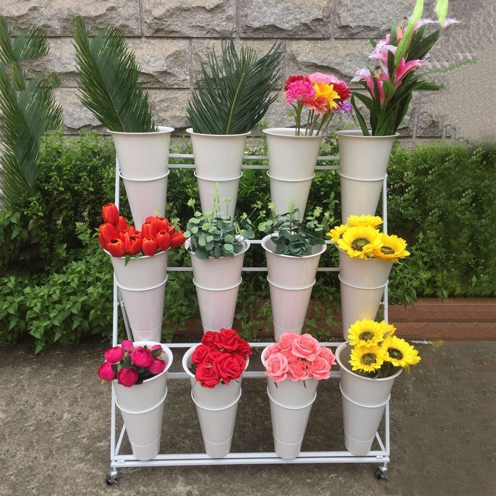 3-Tier Metal Flower Display Stand with 12 Plastic Buckets & 4 Universal Wheels - White Rolling Florist Cart for Bouquet Arrangement | Perfect for Flower Shops, Wedding Decor & Event Displays