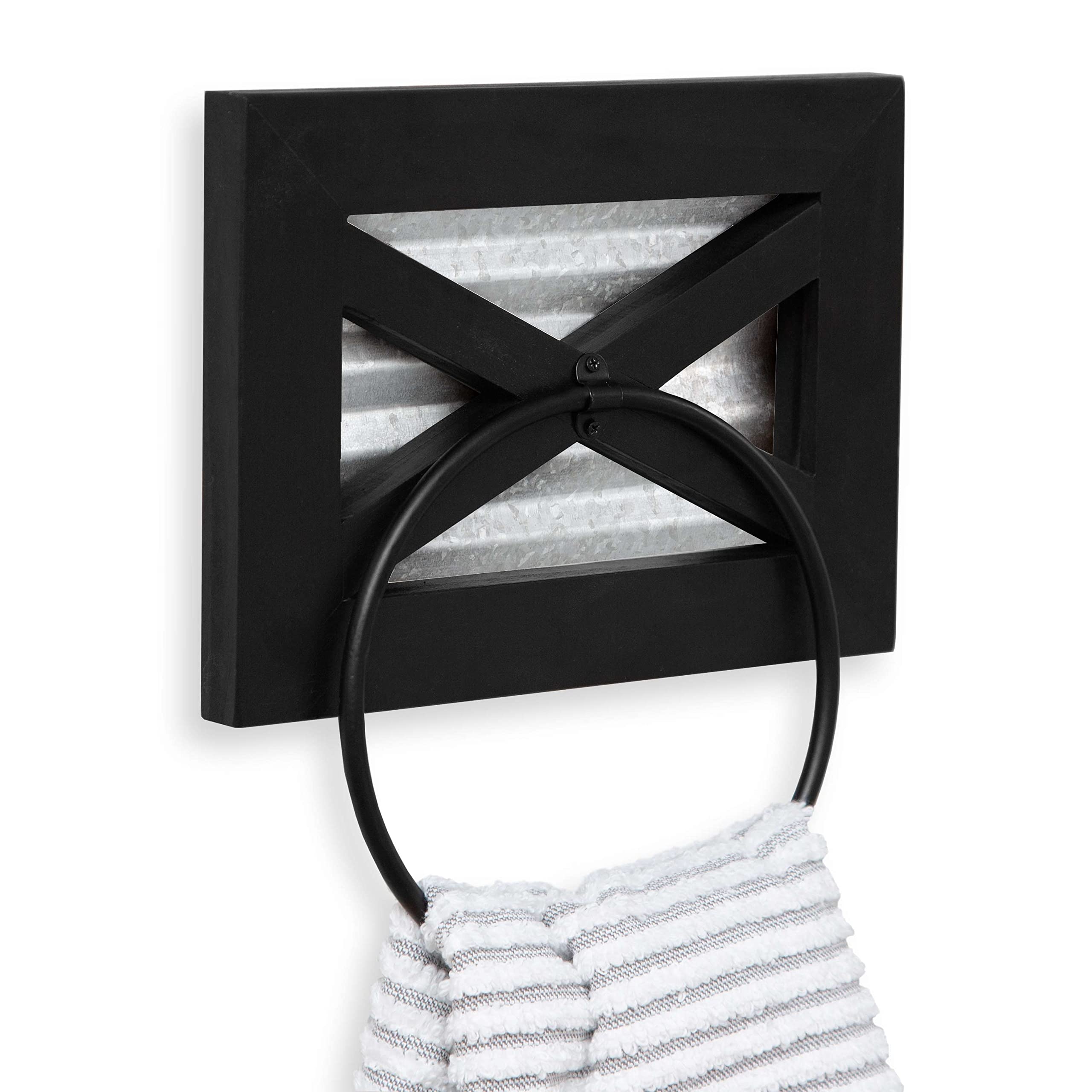Farmhouse Hand Towel Ring - Black Wood & Metal for Bathroom Decor