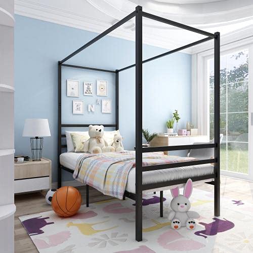 Minimalist Black Metal Canopy Bed Frame with Headboard & Footboard - Sturdy Steel Platform, No Box Spring Needed, Under Bed Storage, Easy Assembly - Perfect for Small Bedrooms, Guest Rooms & Dormitories (Twin Size, US Delivery)