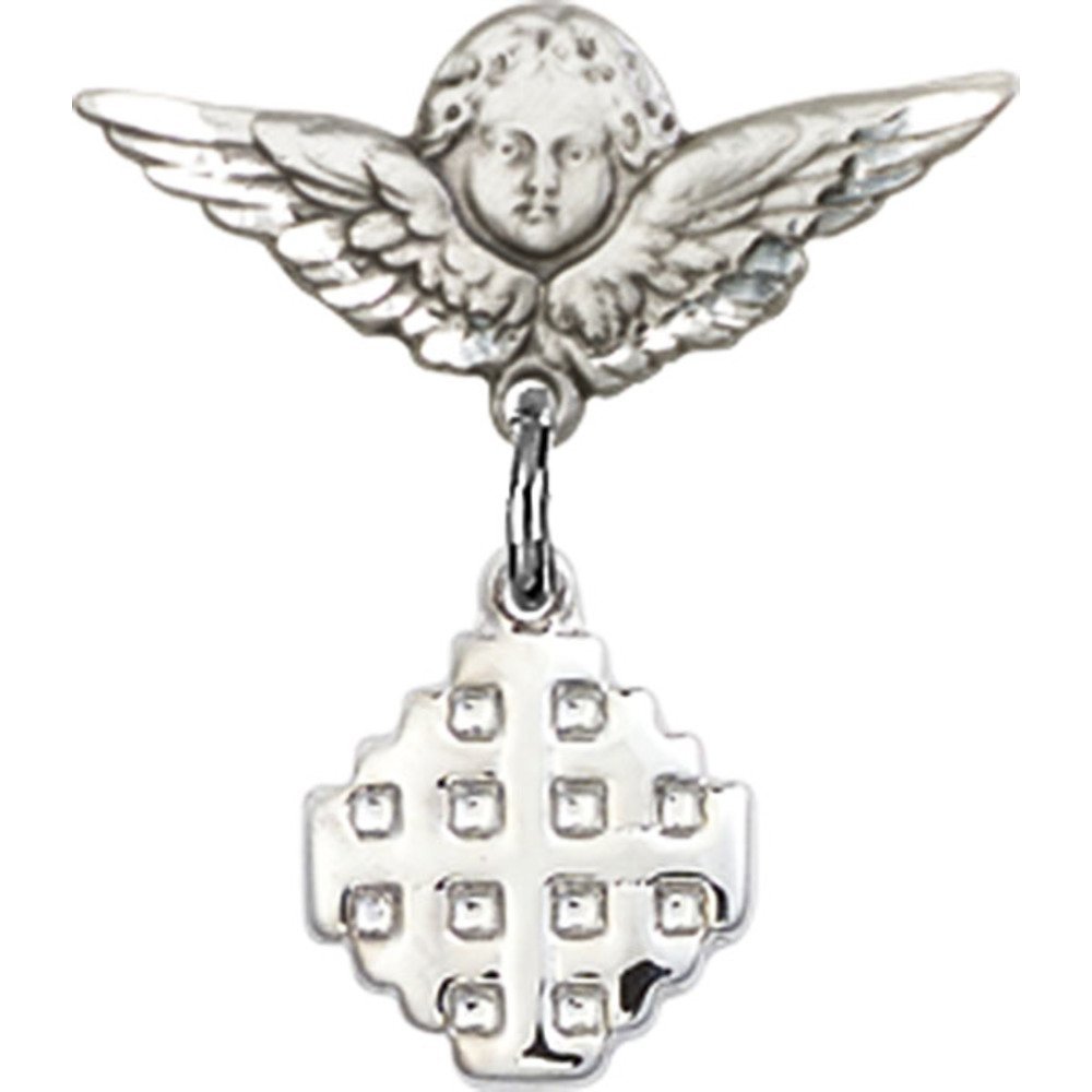 Sterling Silver Baby Badge with Jerusalem Cross Charm & Angel Wings Pin - 3/4 Inch Religious Jewelry for Christening, Baptism & First Communion Gifts