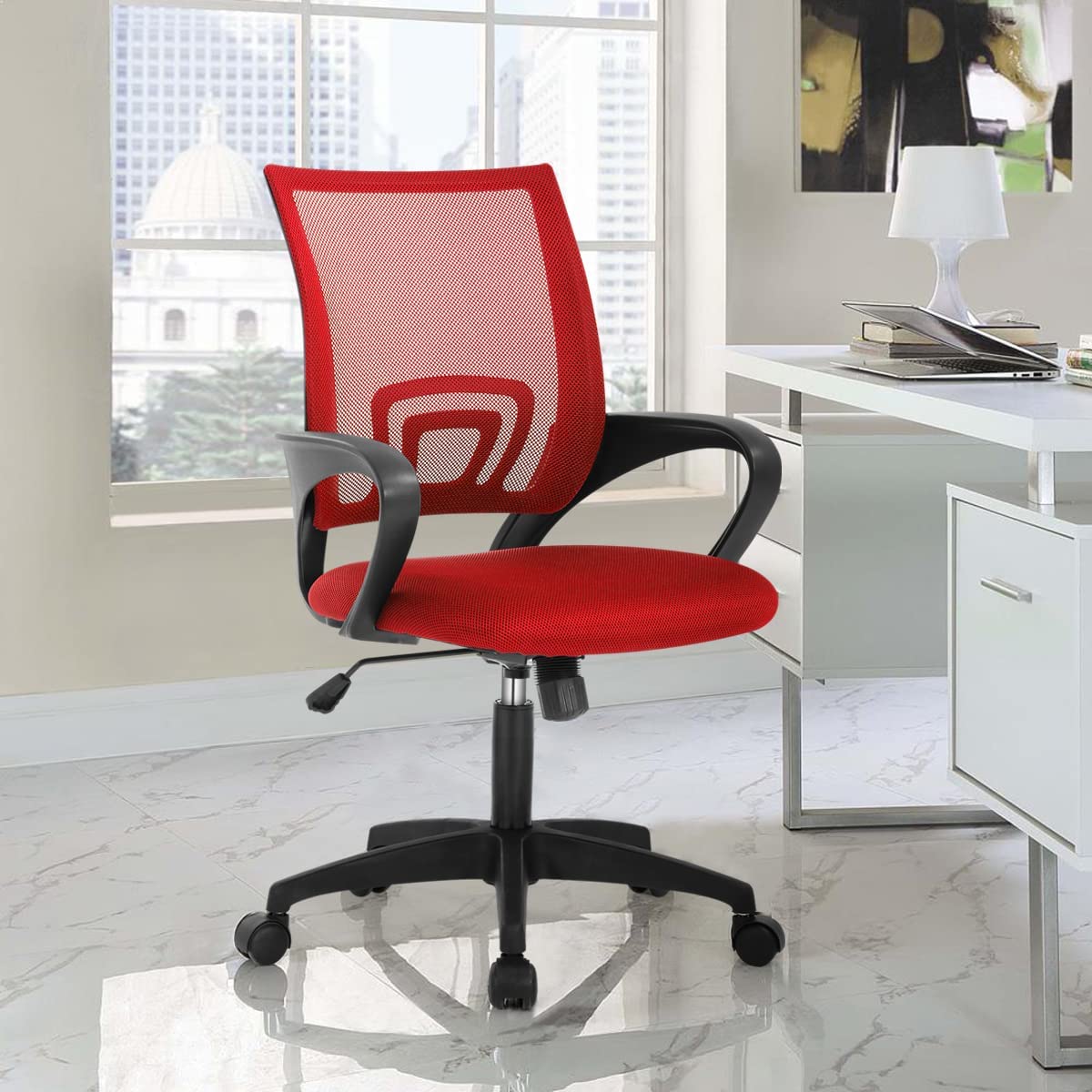 Ergonomic Office Chair with Adjustable Height, Mesh Back & Wheels - Comfortable Computer Desk Chair for Adults & Kids, Home & Office Use - Red