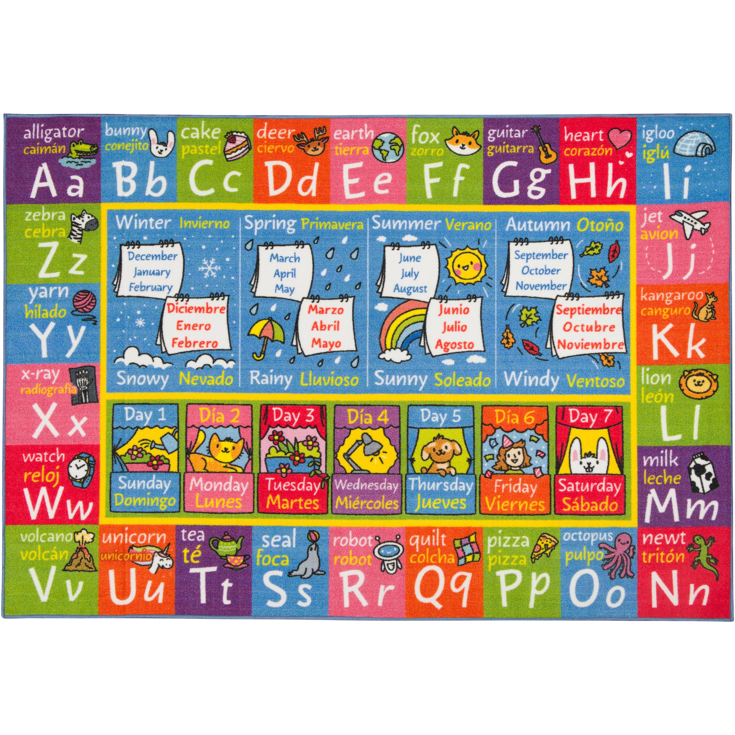 KC Cubs ABC Alphabet, Seasons, Days + Spanish Translations Educational Learning Rug - Kids Play Mat for Bedroom, Classroom & Playroom - Perfect for Toddler Learning Activities & Early Childhood Education
