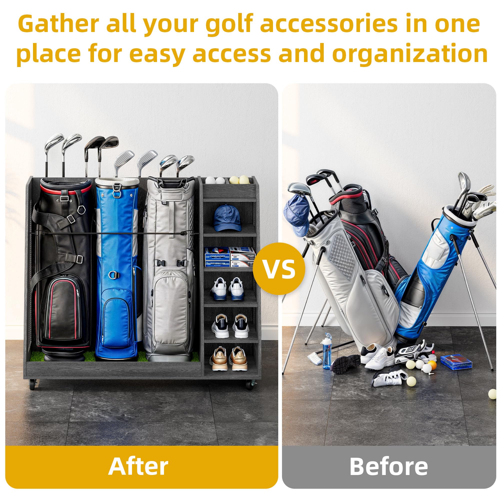 DWVO Wooden Golf Bag Stand Holder with Wheels - Garage Golf Storage Organizer for Golf Bags, Clubs, Balls & Accessories - Holds 2-3 Golf Bags - Perfect for Home, Garage & Golf Club Storage Solutions