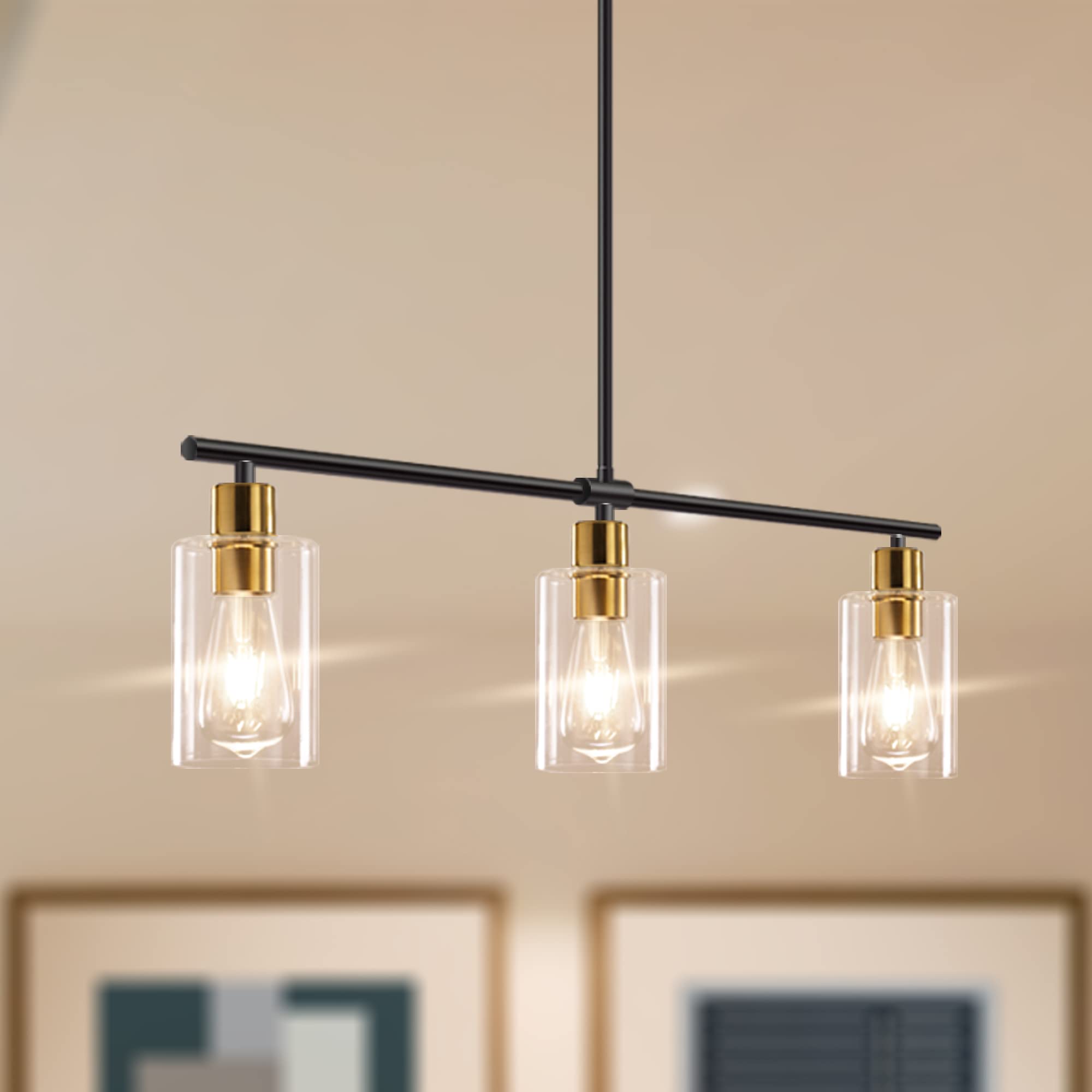 Modern 3-Light Linear Chandelier - Black & Gold Rectangle Pendant Light Fixture with Glass Shades for Kitchen Island, Dining Room & Farmhouse Decor | Perfect for Breakfast Nooks, Open Concept Kitchens & Rustic Dining Areas