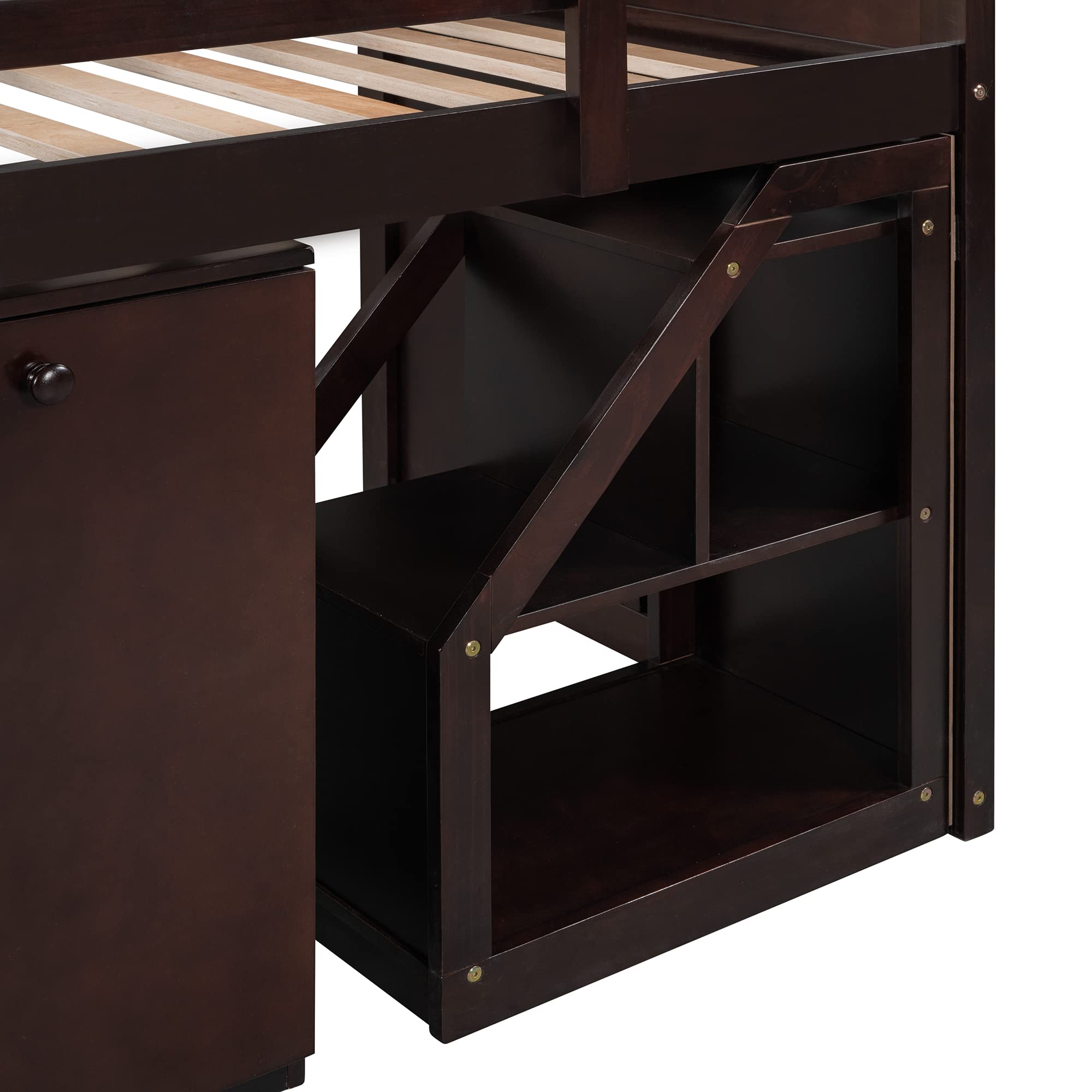 Twin Size Wooden Loft Bed with Storage Steps & Portable Desk - Low Study Loft Bed Frame for Teens & Small Spaces - Espresso & Natural Wood Finish - Perfect for Dorm Rooms, Kids Bedrooms & Studio Apartments
