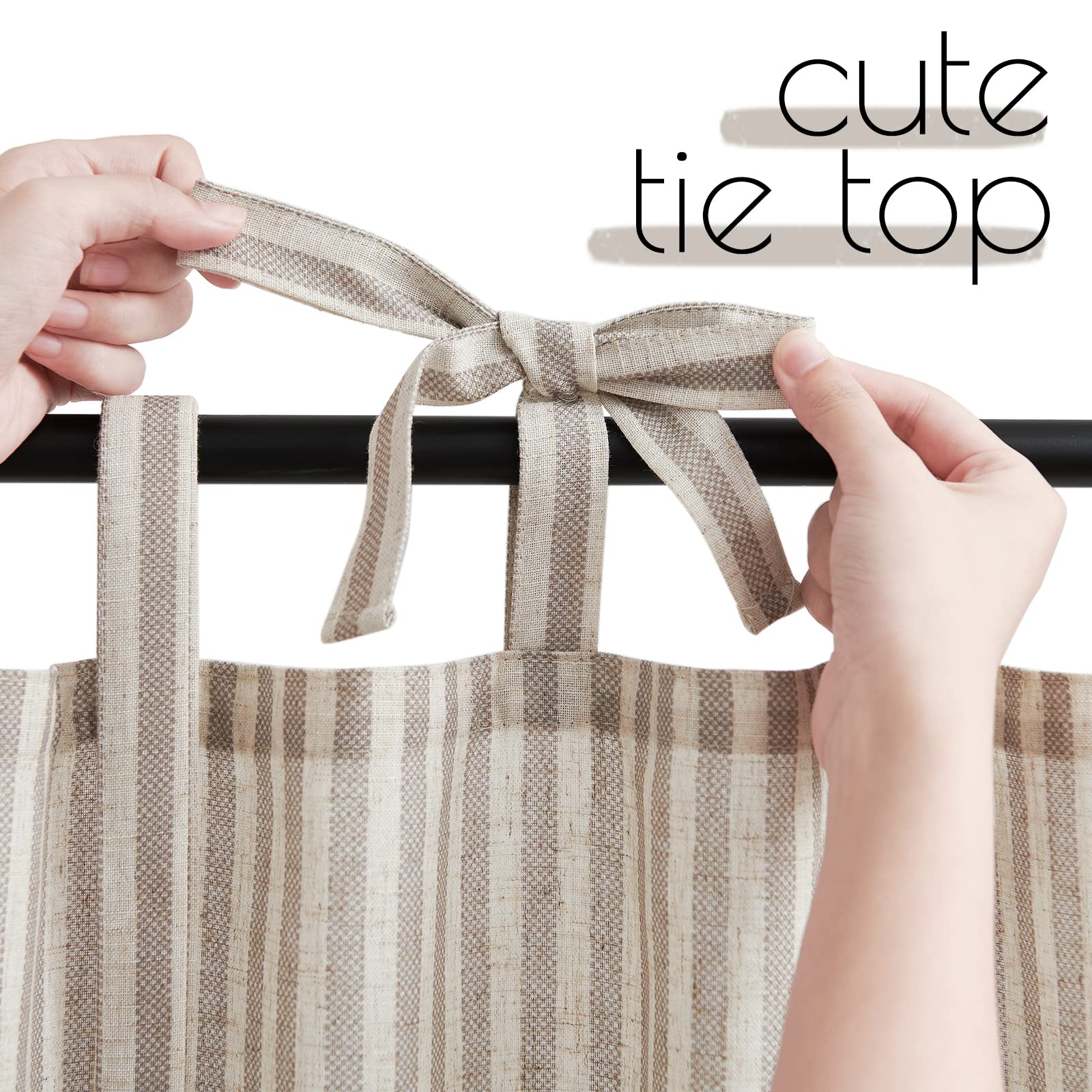 Jinchan 24 Inch Linen Kitchen Curtains - Striped Tier Window Drapes with Rod Pocket, Ticking Stripe Design for Farmhouse, Bathroom & Living Room | 2 Panels in Taupe | Perfect for Small Windows, Cafes & Rustic Home Decor