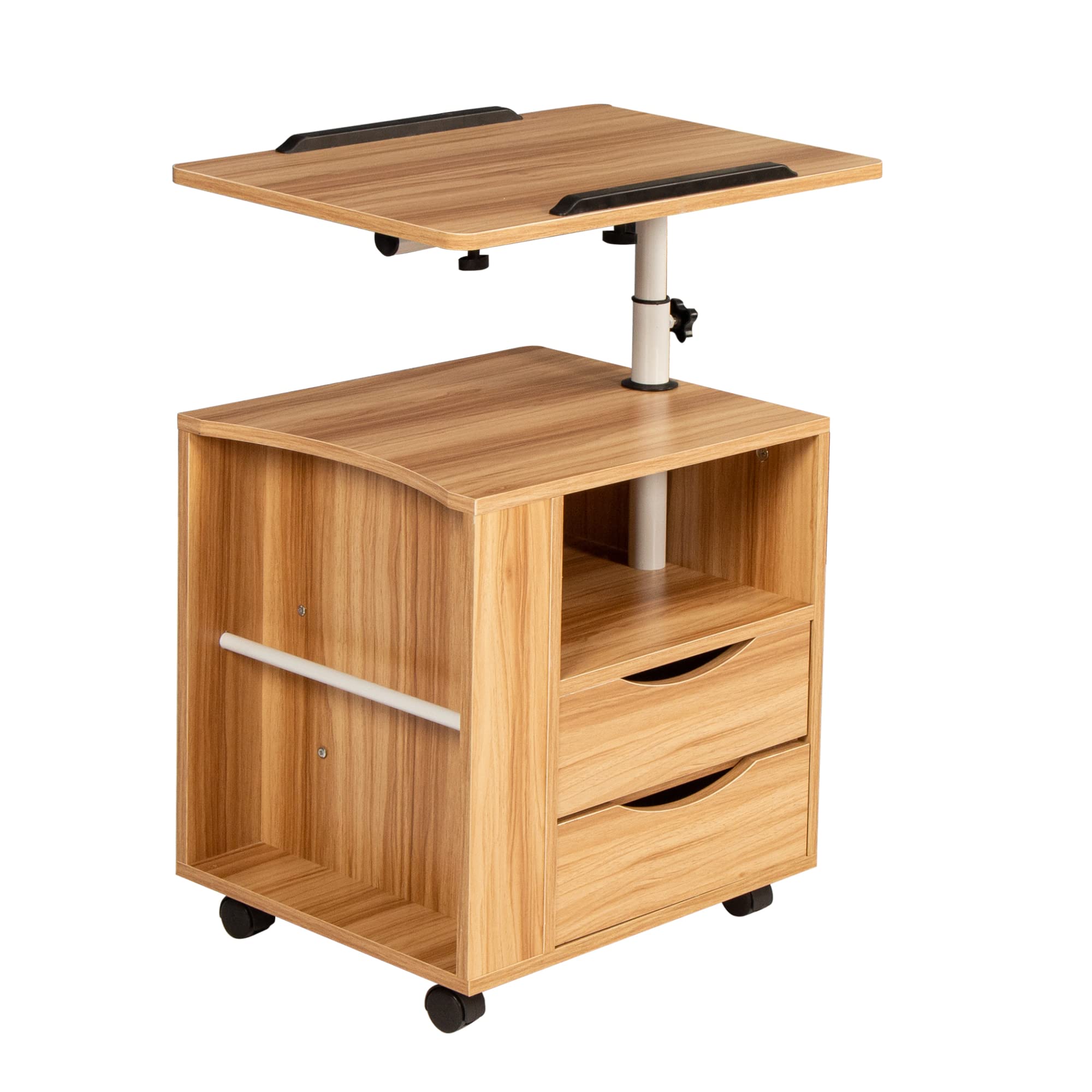 Swivel Top Nightstand End Table with 2 Drawers & 4 Wheels - Portable Rolling Bedside Table, Couch Laptop Desk for Bedroom & Living Room (Natural Wood Finish) - Perfect for Small Spaces, Home Office & Dorm Rooms