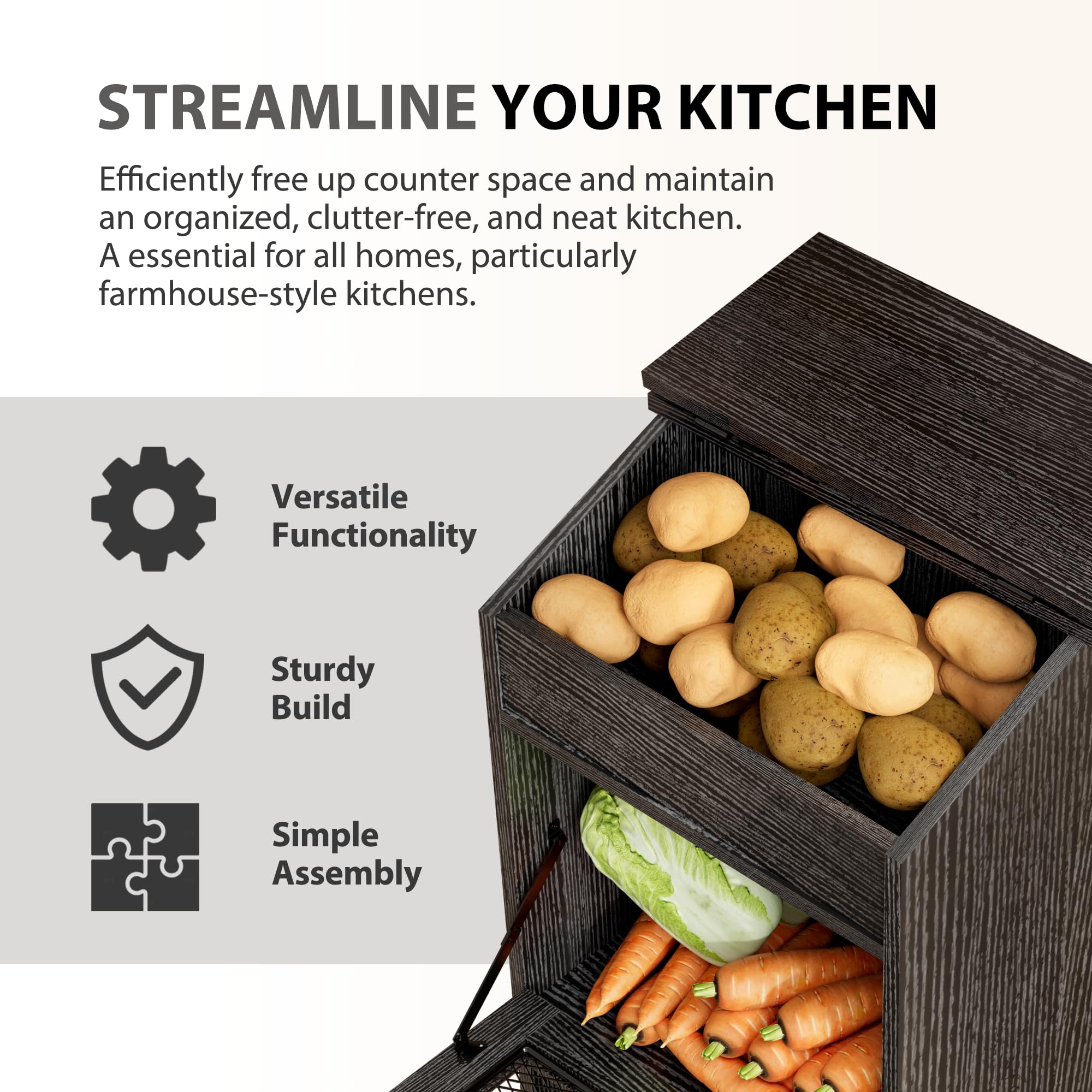 ONG Wooden Potato & Vegetable Storage Bin with Lid - Decorative Bread, Onion, and Grocery Storage Box - Perfect for Kitchen Pantry, Farmhouse Decor, and Organizing Fresh Produce