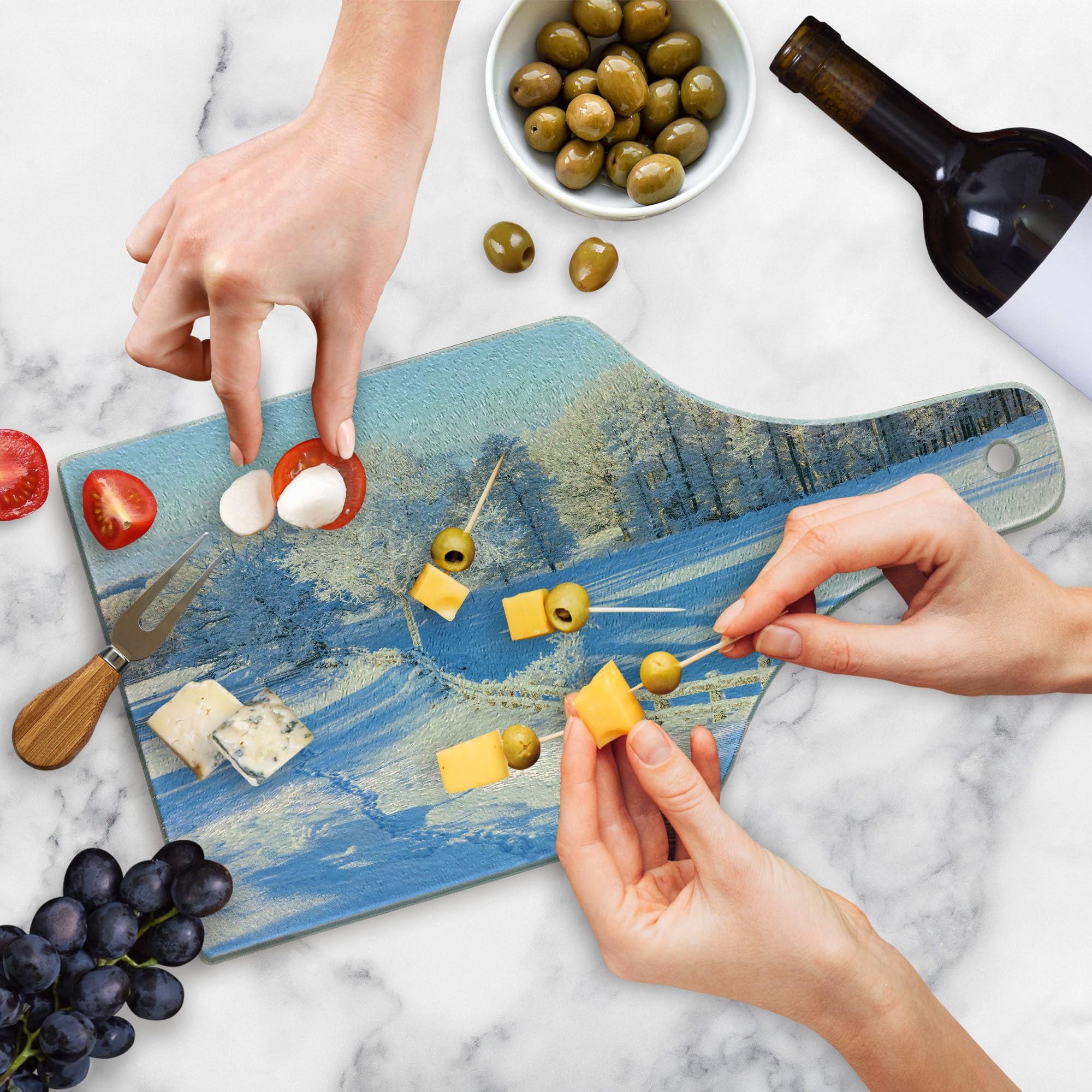 Ambesonne Farmland Tempered Glass Cutting Board - Winter Snow Valley with Oak Borders, Pine Trees & Frozen Pasture Art - Decorative Serving Board for Kitchen, Charcuterie & Wine Bottle Display - White & Blue Design for Holiday Entertaining & Home Decor