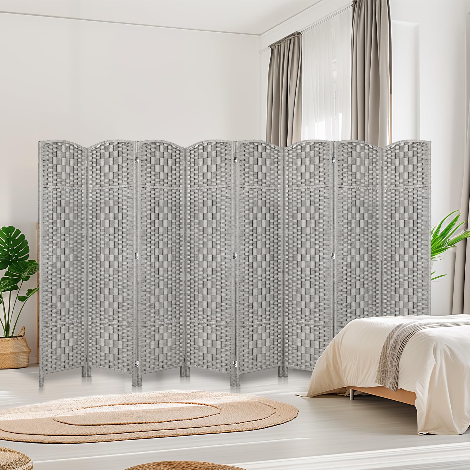 6ft Room Divider Folding Privacy Screen - 8 Panel Space Separator for Home & Office, 16in Wide Grey Partition Wall for Bedroom, Living Room & Studio Use