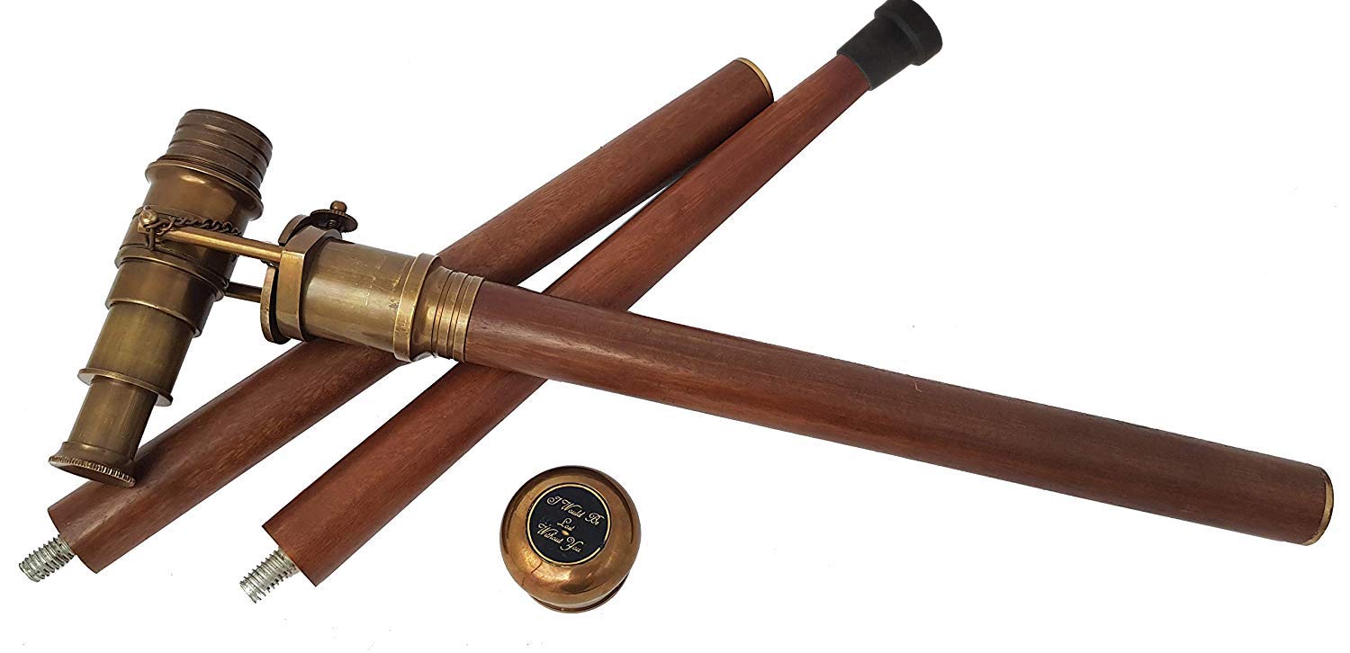Antique Brass Nautical Telescope Walking Cane - Foldable Rosewood Steampunk Style Wooden Stick for Costume & Cosplay - Perfect for Pirate, Victorian, or Steampunk Outfits & Collectors