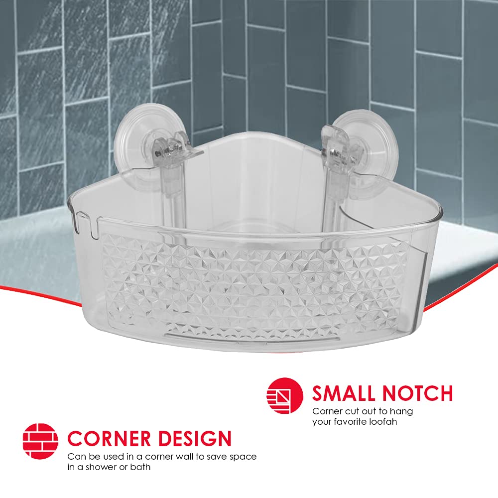 Large Clear Plastic Corner Shower Caddy with Suction Cups - Home Basics Cubic Pattern Bathroom Organizer (2-Pack) | Perfect for Small Showers & Apartment Bathrooms