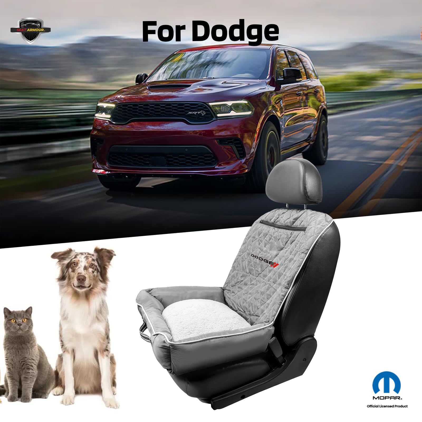 **Dodge PetBed2GO Dog Car Seat Cover – 2-in-1 Pet Bed & Seat Protector – Waterproof, Non-Slip, 26x20x6 Inches, Gray – Perfect for Travel & Daily Commute**