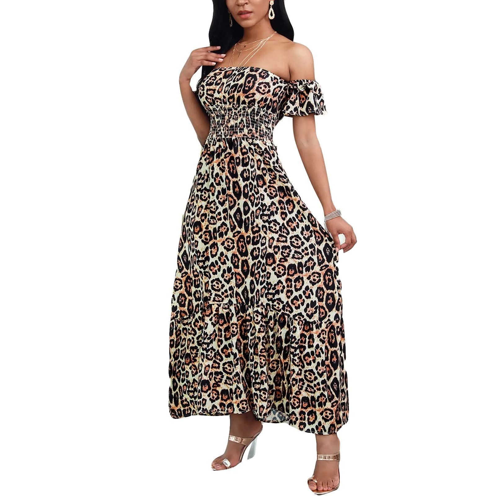 Women's Off Shoulder Leopard Print Maxi Dress with Side Slit & Backless Design - Sexy Party Gown for Night Out, Club, Date Night & Special Occasions