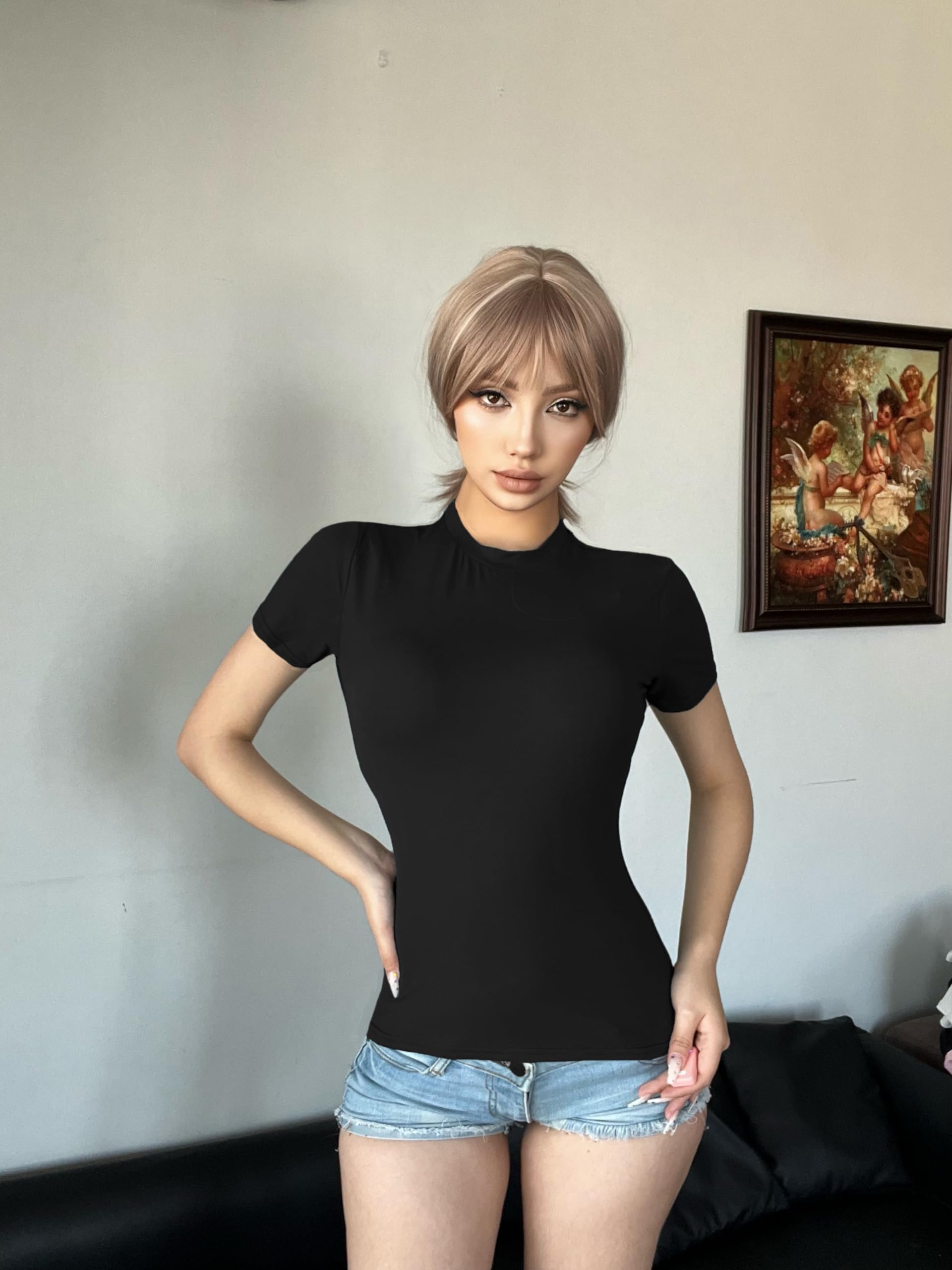 5 Pack Women's Crew Neck Ribbed Fitted T-Shirts - Basic Short Sleeve Summer Bodycon Crop Tops for Casual Wear, Going Out & Everyday Outfits