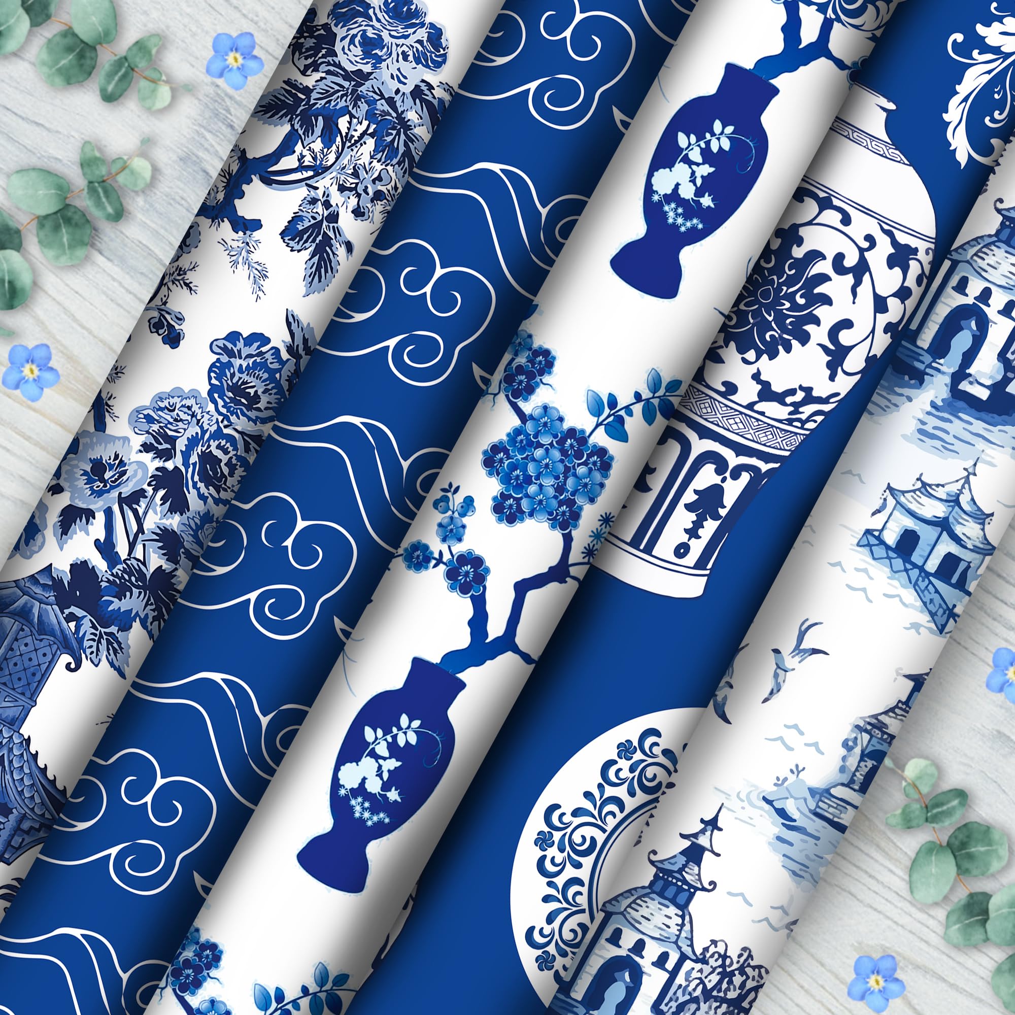 Bolsome 12 Sheets 27x20 Inch Blue White Peony Porcelain Chinoiserie Wrapping Paper - Oriental Aesthetic Gift Wrap for Birthday, Wedding, Bridal Shower, DIY Crafts | Perfect for Gift Packaging, Scrapbooking, and Home Decor