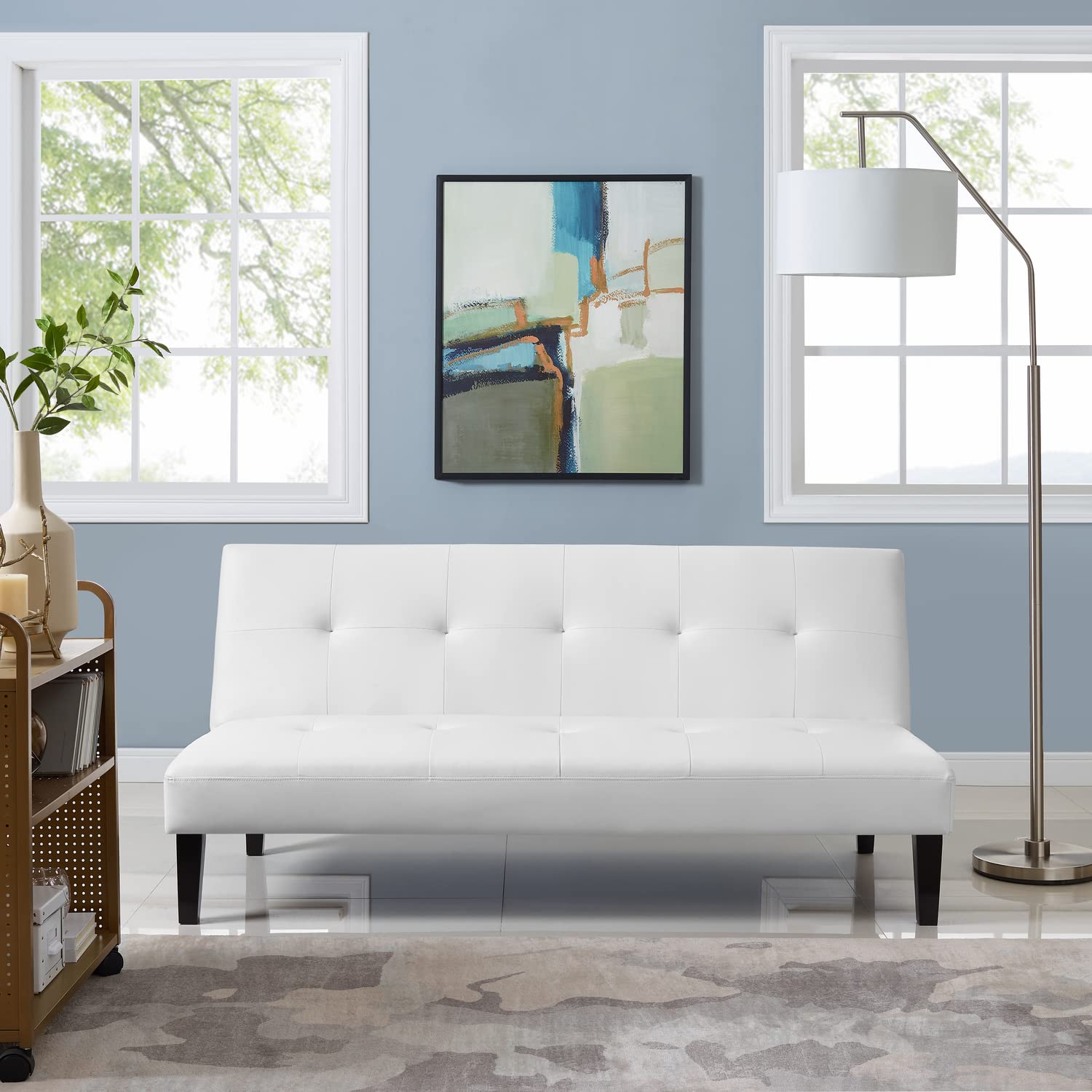 Naomi Home White Faux Leather Convertible Futon Sofa Bed - Button Tufted 3-Position Sleeper with Wooden Legs, 58 lbs Lightweight (500 lbs Capacity) - Perfect for Small Apartments, Guest Rooms & Home Offices