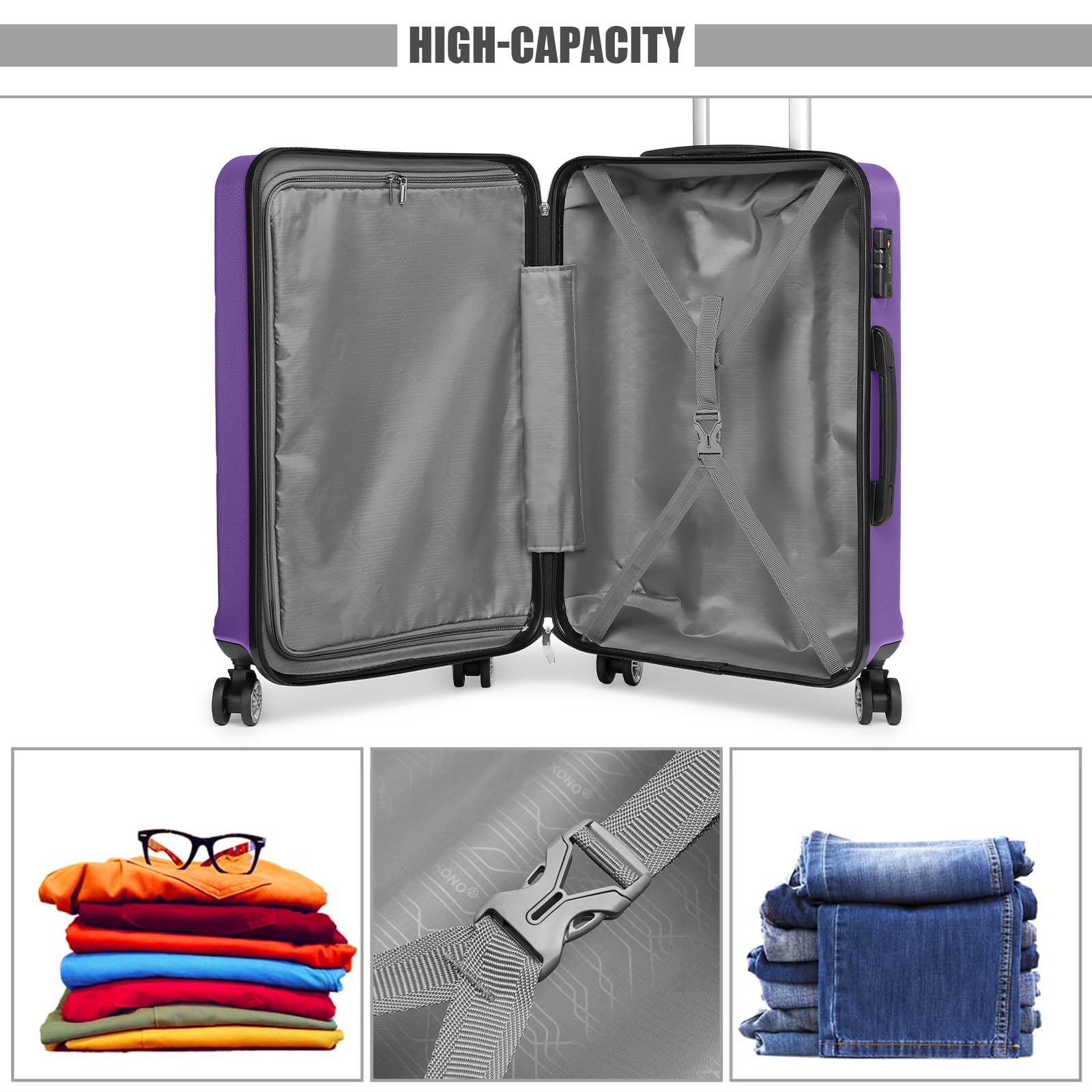 Kono 20'' Lightweight Hardside Carry-On Luggage with Spinner Wheels & TSA Lock - Airline Approved Purple Suitcase for Travel, Business Trips & Weekend Getaways