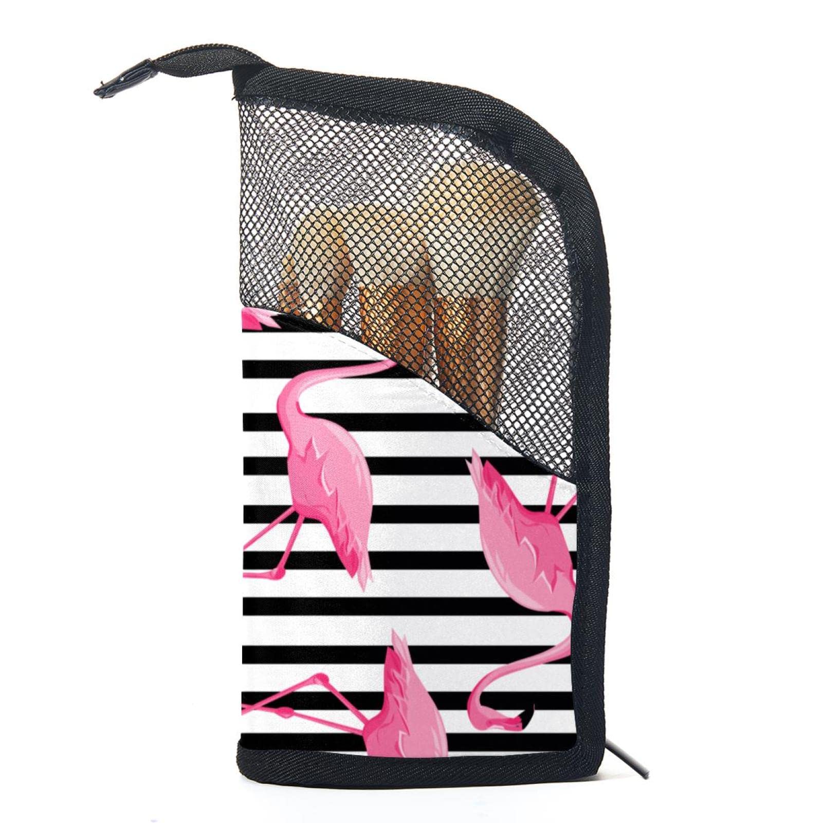Premium 12-Slot Makeup Brush Organizer Bag - Pink Flamingo & Black Stripes Design, Portable Cosmetic Brush Holder Case for Travel & Home Storage | Perfect for Makeup Artists & Beauty Enthusiasts