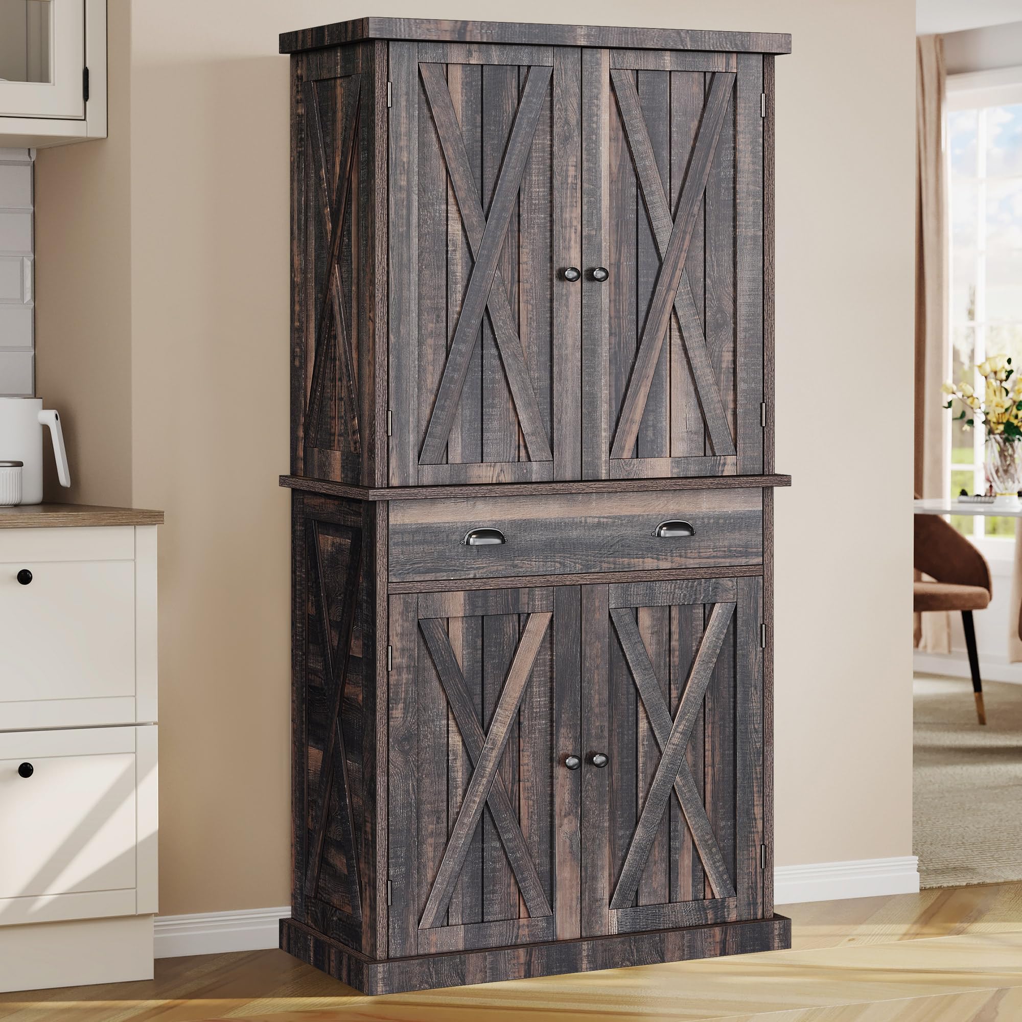 YITAHOME 72'' Farmhouse Kitchen Pantry with Drawer & Adjustable Shelves, Dark Rustic Oak Wood Storage Cabinet for Kitchen, Dining Room, Living Room, Perfect for Organizing Dishes, Food, and Home Decor
