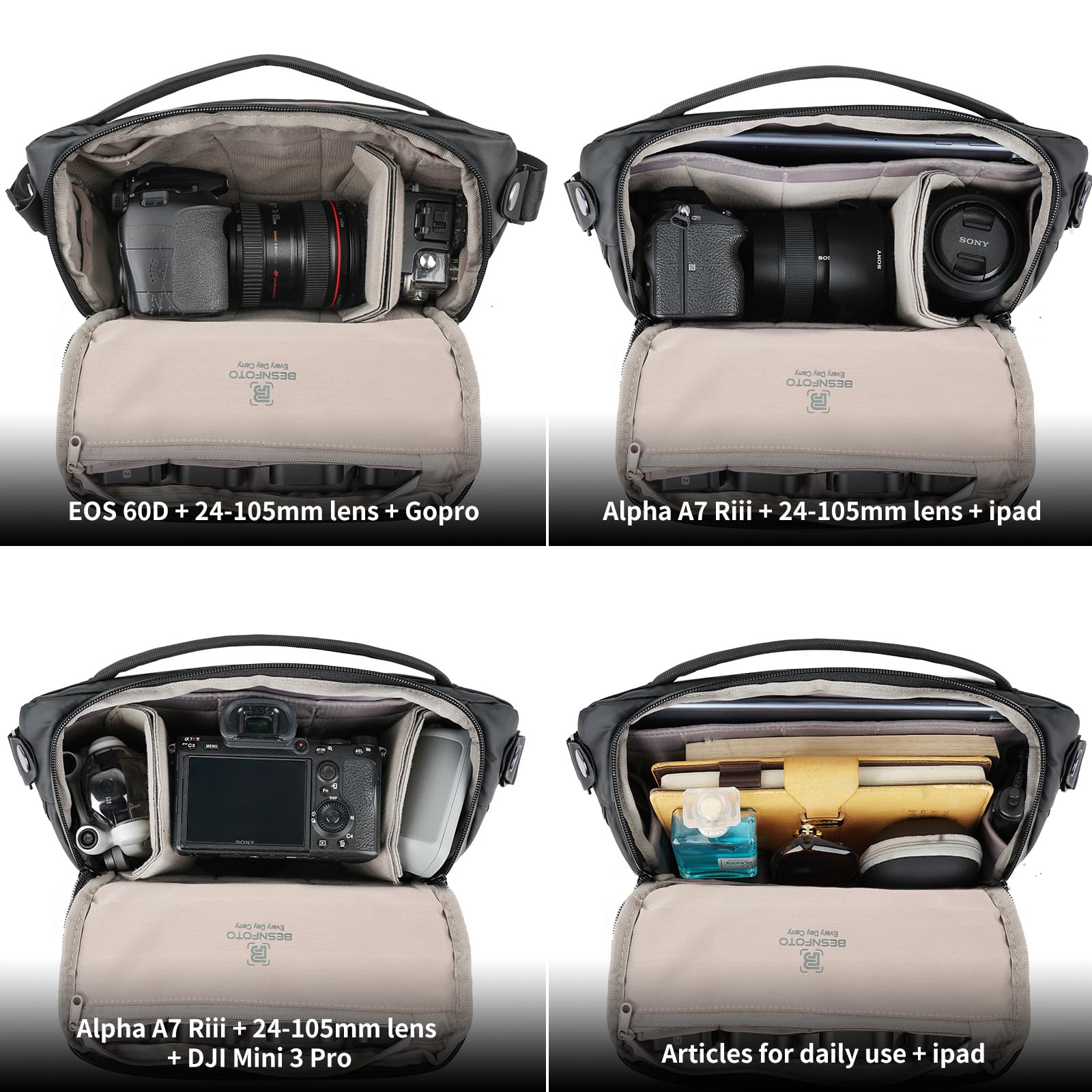 Waterproof DSLR Camera Sling Bag for Photographers - Besnfoto Small Crossbody Shoulder Case for Mirrorless & DSLR Cameras (Black) - Perfect for Travel, Hiking & Outdoor Photography