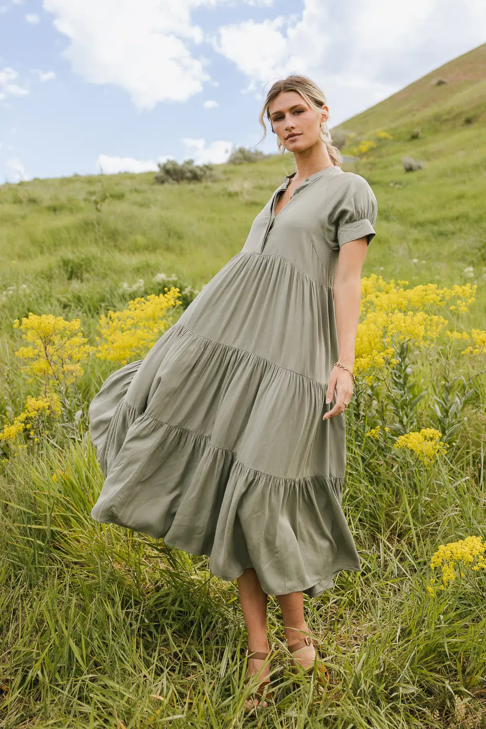 Amanda Tiered Flowy Dress for Women in Sage Green - Elegant Boho Maxi Dress for Summer, Beach, Weddings & Special Occasions