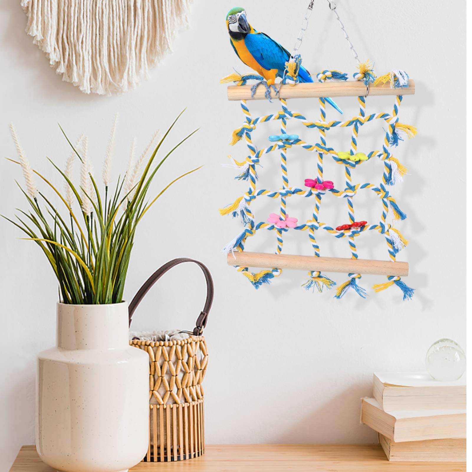 Balacoo 1-Piece Parrot Climbing Net - Natural Cotton & Linen Bird Cage Accessories, Foraging Toys, Play Ladder for Parrots, Cockatiels & Small Birds - Perfect for Cage Enrichment & Claw Grinding