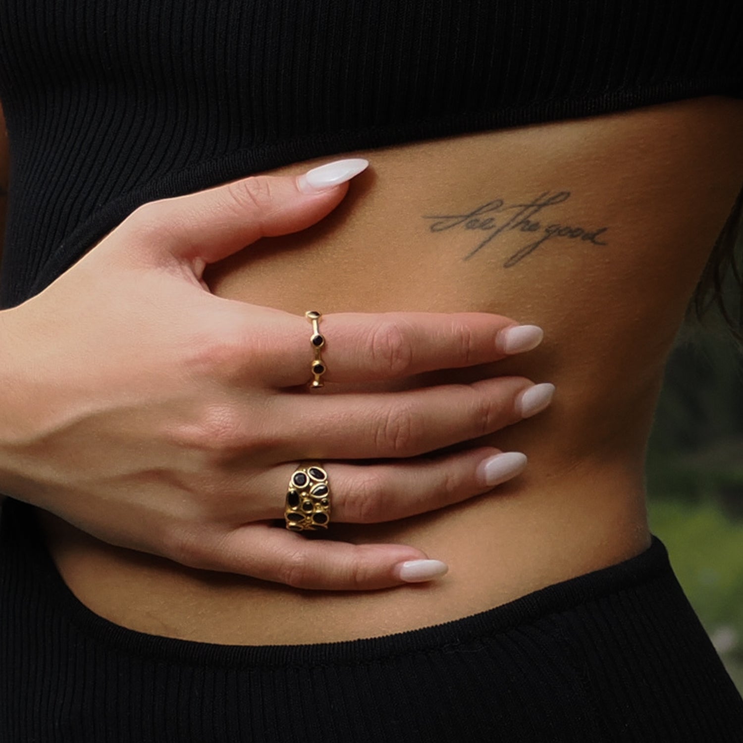 Elegant Black Onyx & Gold Stackable Ring Set for Women - Minimalist Jewelry for Everyday Wear, Gift & Special Occasions